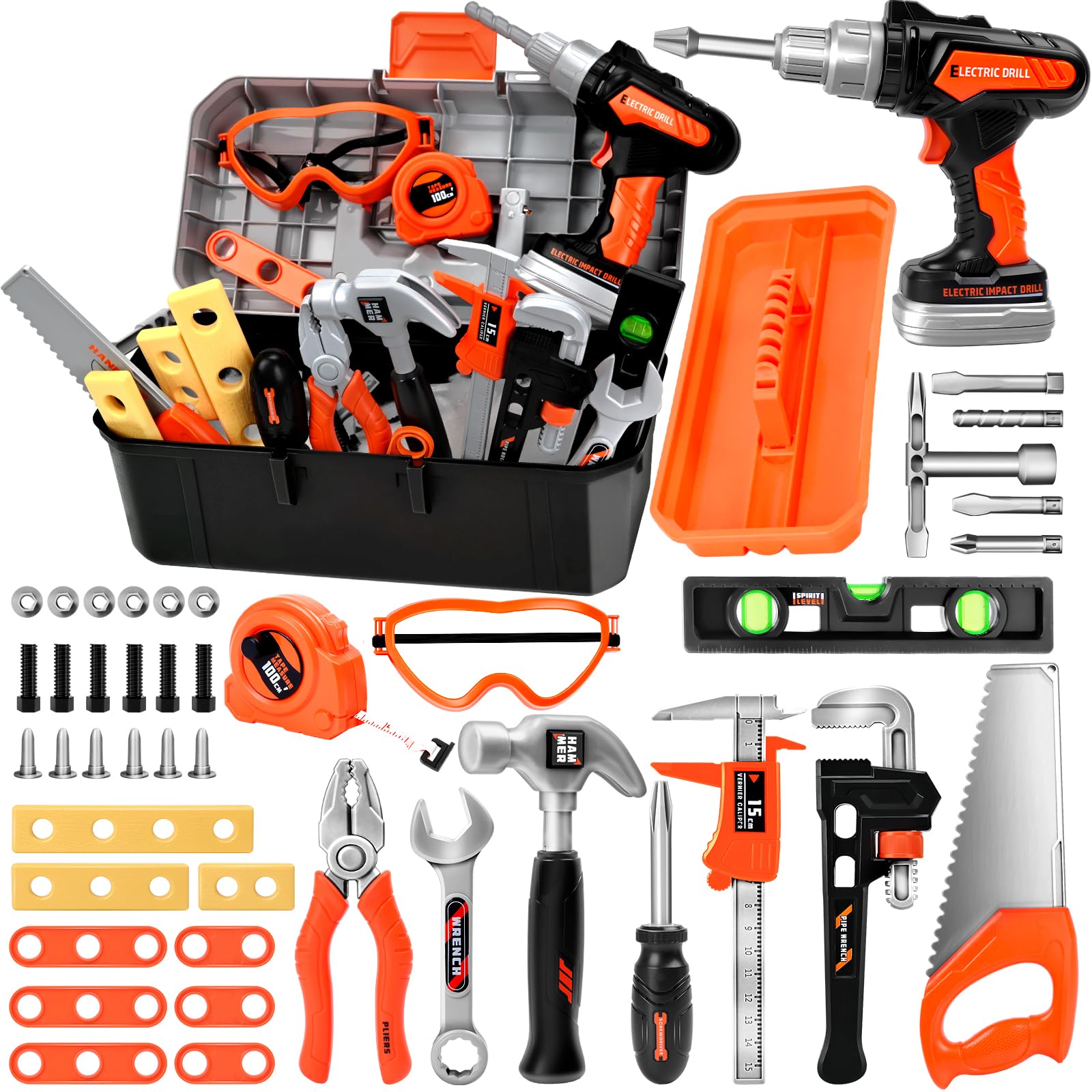 Breibowski Toddler & Kids Tool Set with Electric Drill, 43 PCS STEM Educational Pretend Play Kit for Ages 3-8 - Realistic Tools & Portable Toolbox, Learning Gift for Boys & Girls (Orange/Black)?