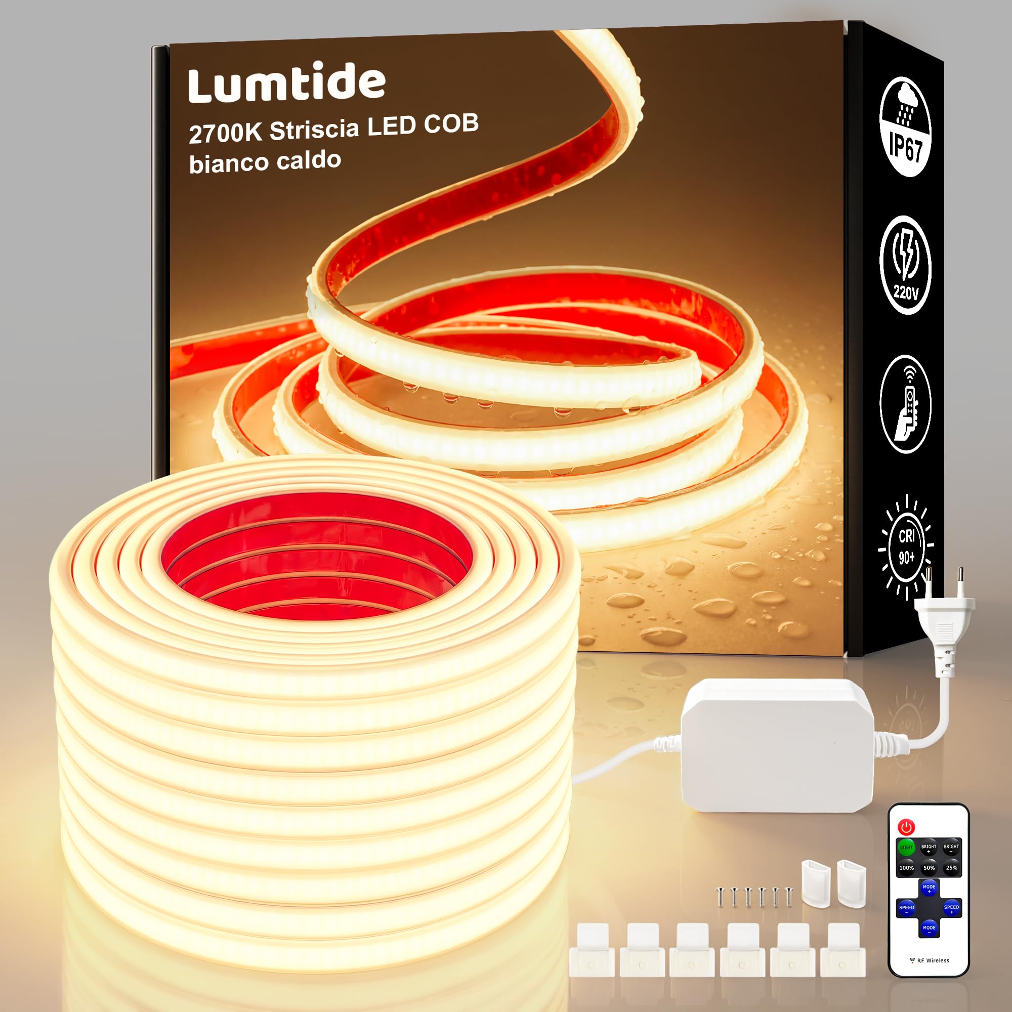 Striscia LED COB Impermeabile IP67 per Esterno con Telecomando, AC 220V-230V Dimmabile a Collegamento Diretto, Superluminosa Autoadesiva per Esterni, Giardino, Terrazzo (warm 2700K, 40M)