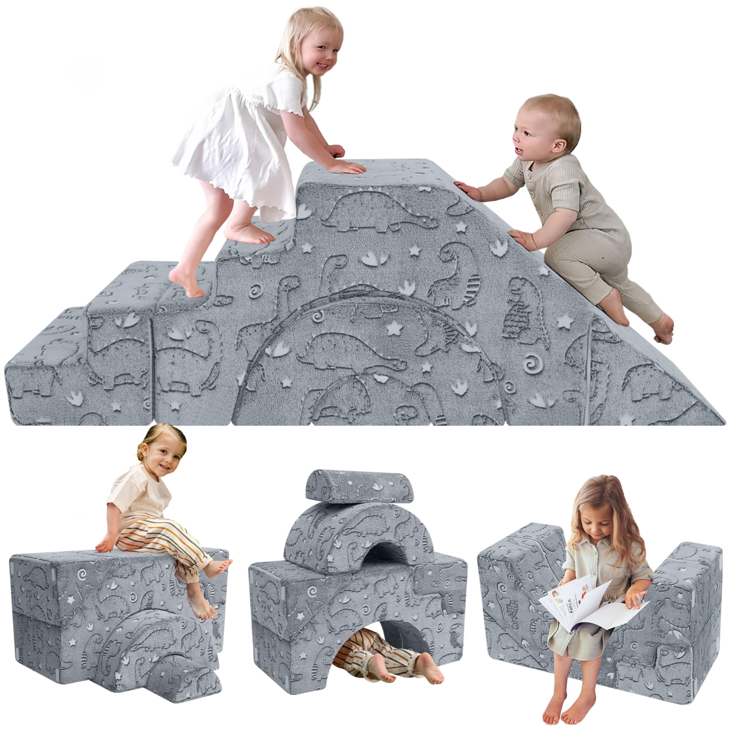 MeMoreCool Nachtleuchtend Klettersofa Grauer Dinosaurier, Modulares Kindersofa mit Rutsche und Treppe, Spielsofa aus Schaumstoff zum Klettern und Krabbeln, Leuchtende Dino-Muster Fuer Jungen