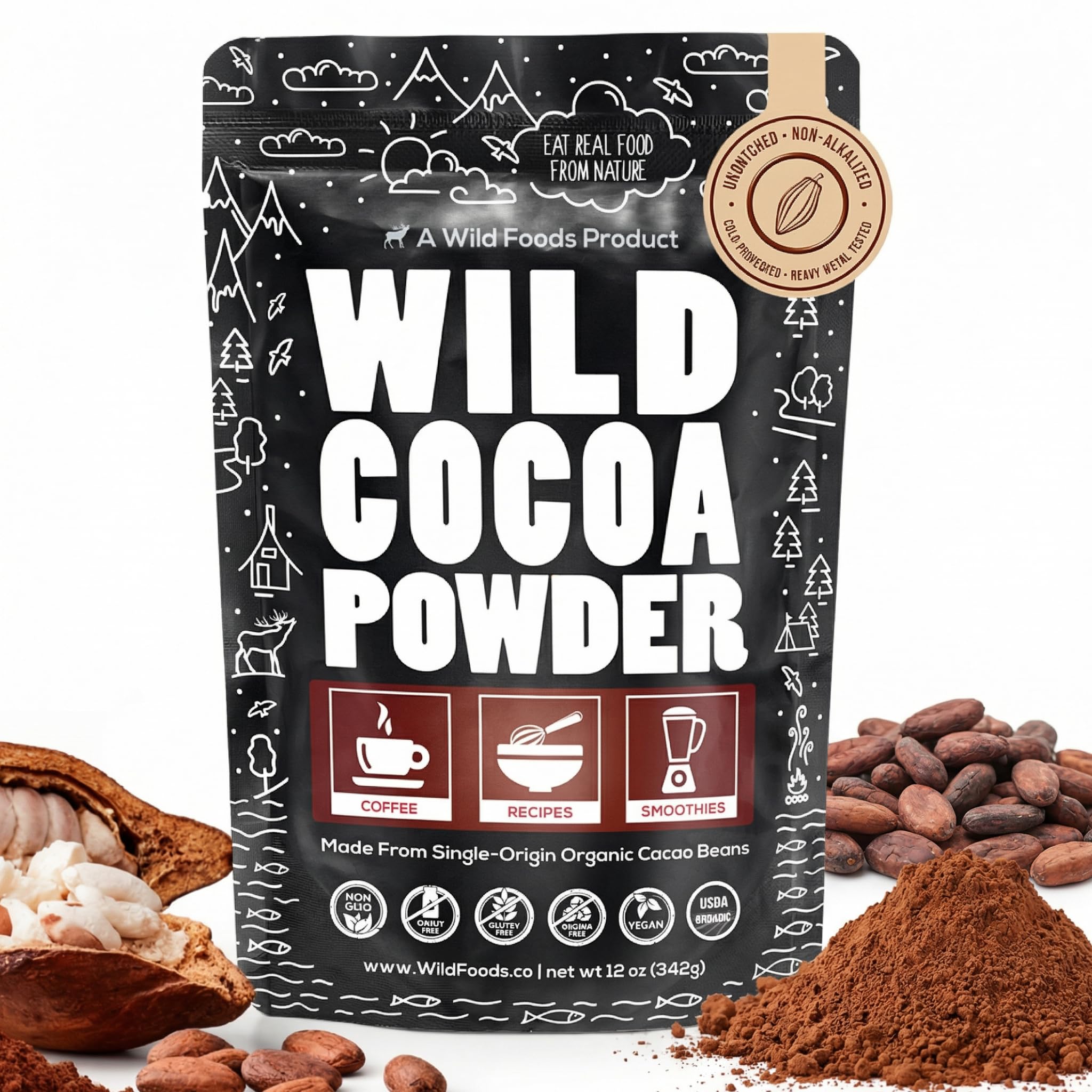 Organic Cacao Powder, Wild Dark Chocolate Powder, Handcrafted, Single-origin, 12