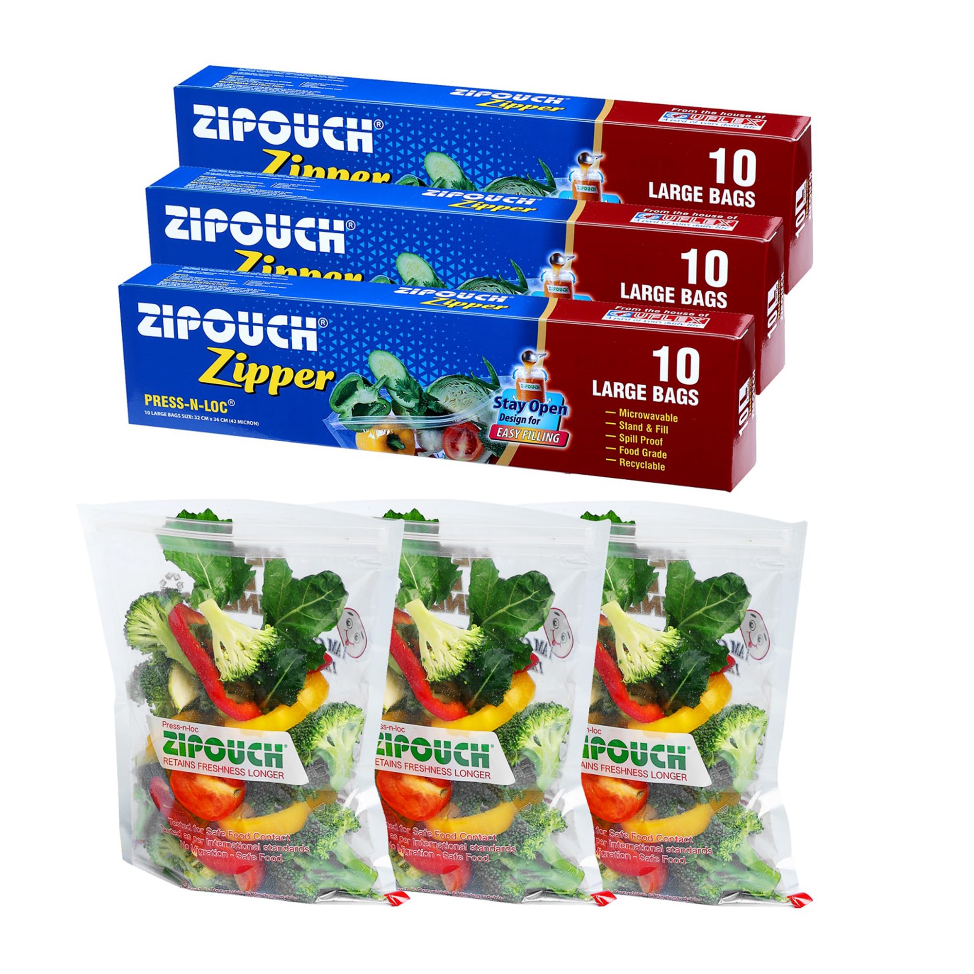 Zip Lock Bag with Zipper | Large Pack of 3 (30 Bags, 42×38 cm) | Ziplock Bags for Fridge & Travel Packing | Zipper Pouch & Zip Lock Covers for Food, Vegetables & Kitchen Storage