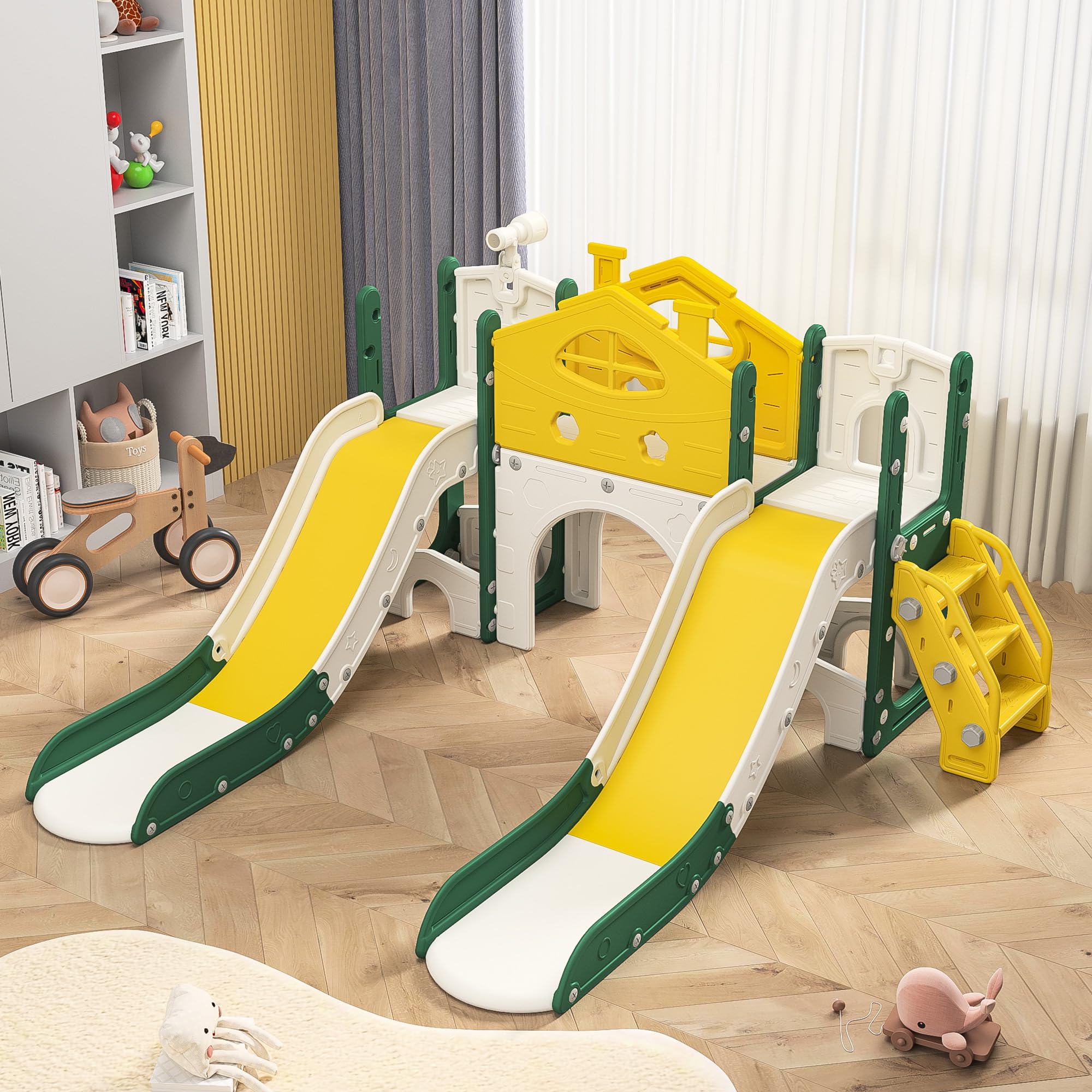 Kinderrutsche 7 in 1, Babyrutsche für drinnen und draußen, mit Spielplatz, Doppelrutsche mit Basketballkorb, lange Rutsche und freistehende Kletterstruktur (Gelb, B)