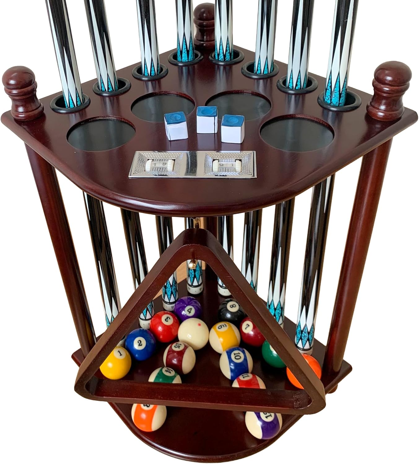 Floor Standing Pool Cue Rack Hold 8 Cue Sticks & Pool Table Accessories, Solid Wood Pool Stick Holder, Corner Pool Cue Holder with Ball Rack Hook & Scorer Counter