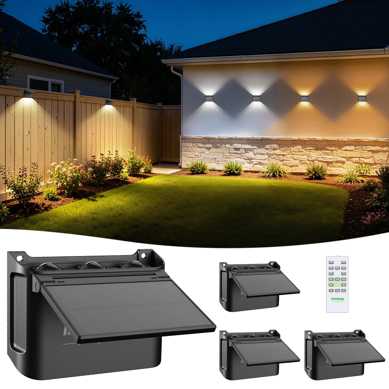 INTELAMP Solar Wandleuchten für Außen Garten Up und Down 3 Farben, 4-Stück | IP65 Wasserdicht Solarleuchten mit Fernbedienun, für Deck Porch Zaun Hof Garten hausnummer