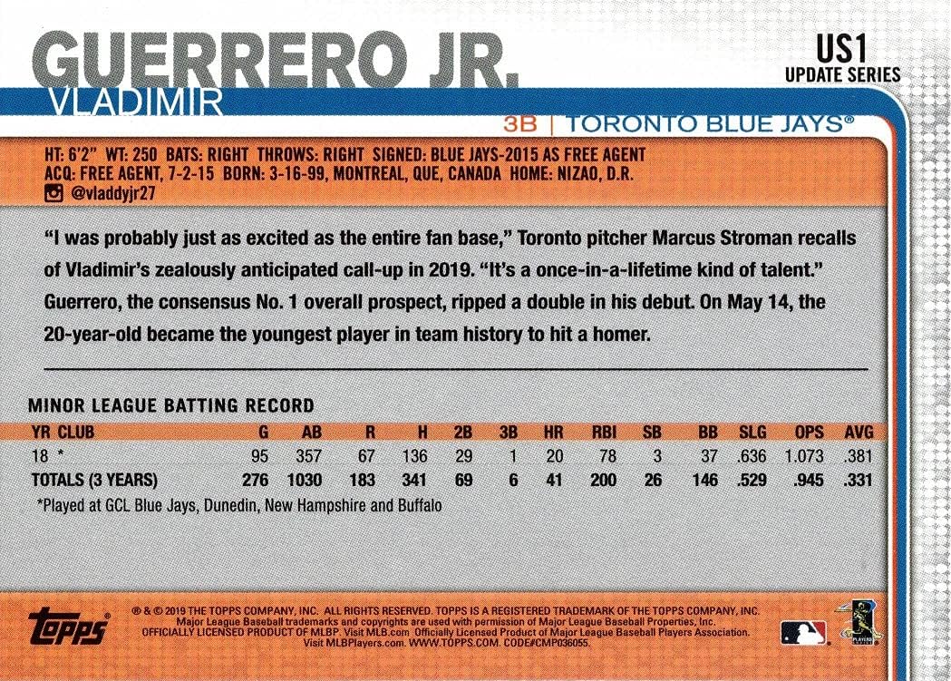 2019 Topps Update Baseball #US1 Vladimir Guerrero Jr. Rookie Card SP Pointing Photo Variation