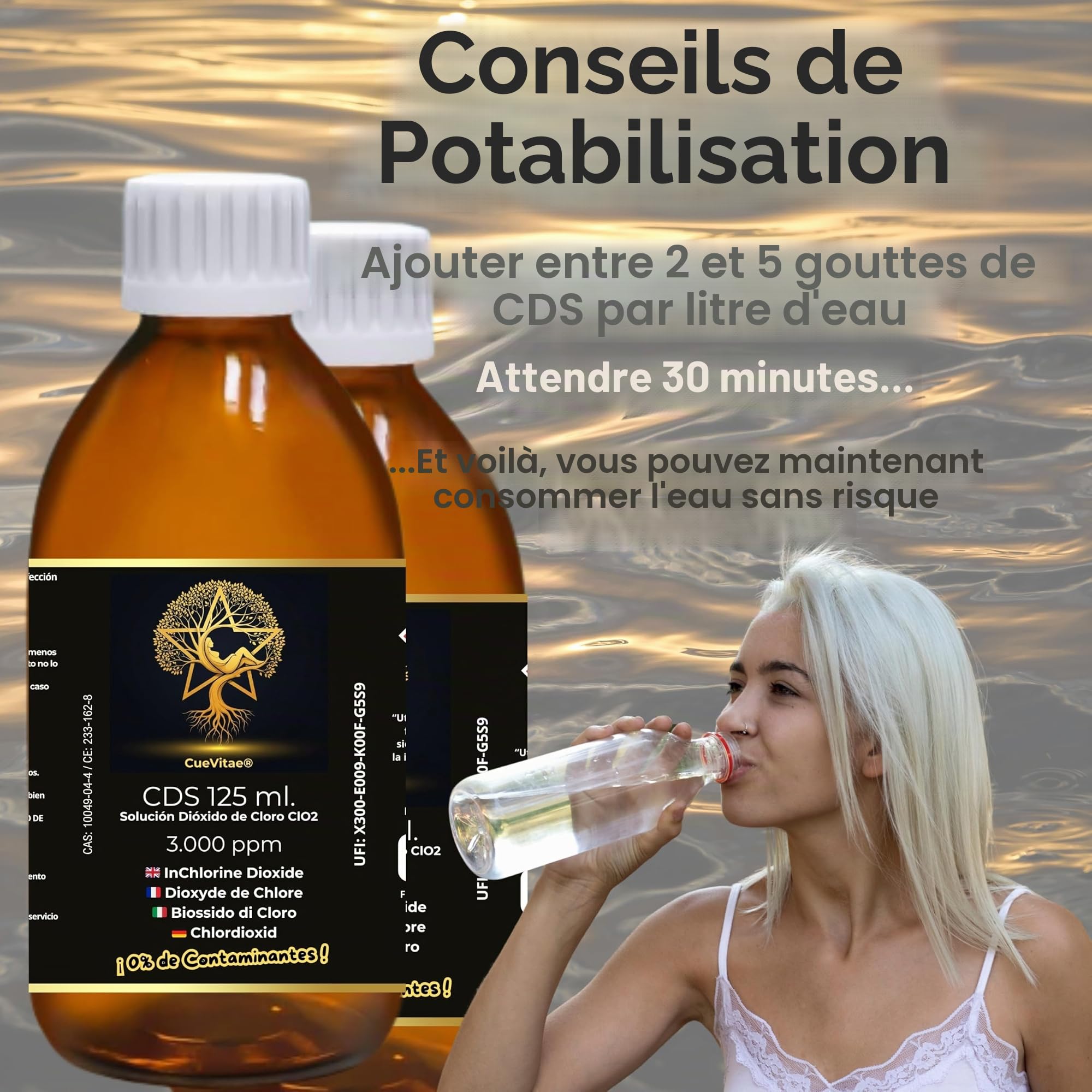 CDS 0,3% Dioxyde de Chlore | 2x125 ML | Lot 2 flacons verre ambré anti-UV avec équipement volumétrique, exclusif traitement d'eau, produit chimique technique.