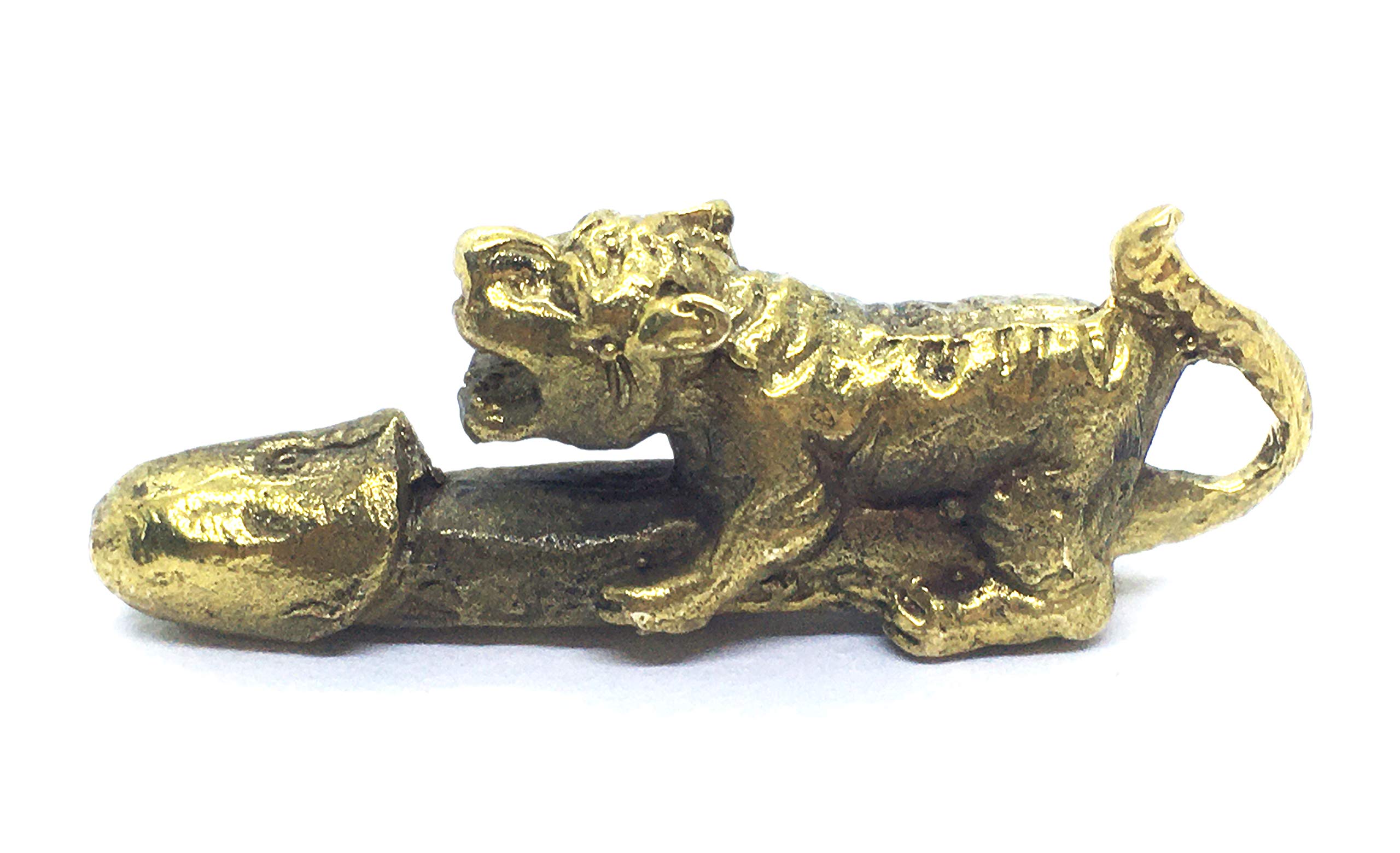 WitnyStore Tiny 1⅝" Brass Tiger Riding Paladkik Palad Khik Lucky Charm Talisman Male Animistic Symbol of Fertility Engraved Inscription Traditional Thai Belief Amulet Miniature Collectible Figurines