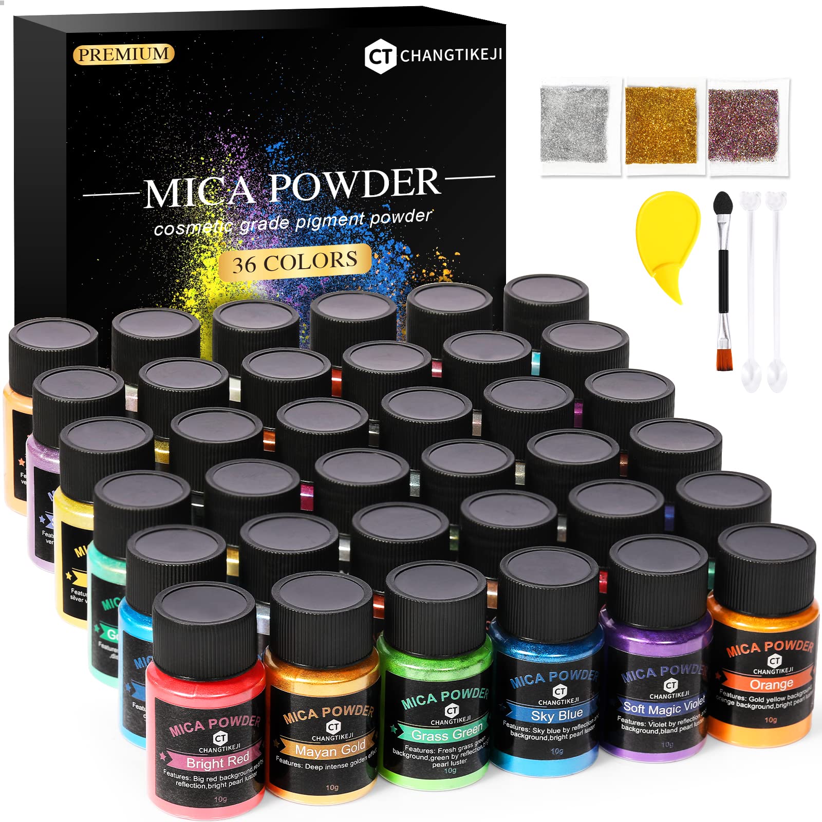 CHANGTIKEJI Mica Powder 36 Colors 10g/Bottle of Natural Pigment