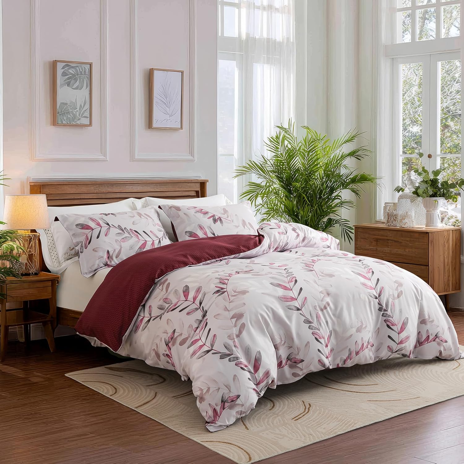 OAITE Duvet Cover Queen Size,Reversible Flower Pink Duvet Cover Set with Zipper Closure, 3 Pieces Modern Patterns Soft Microfiber Bedding Set with 8 Ties(90’’*90’’,2 Pillow Cases) Nishino-pink Queen