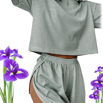 Sereluxe Pajama Set, Split Shorts Pajama Set, Soft & Seductive Pajama Set Women Striped Split Short Pajama SetsGreen,Large