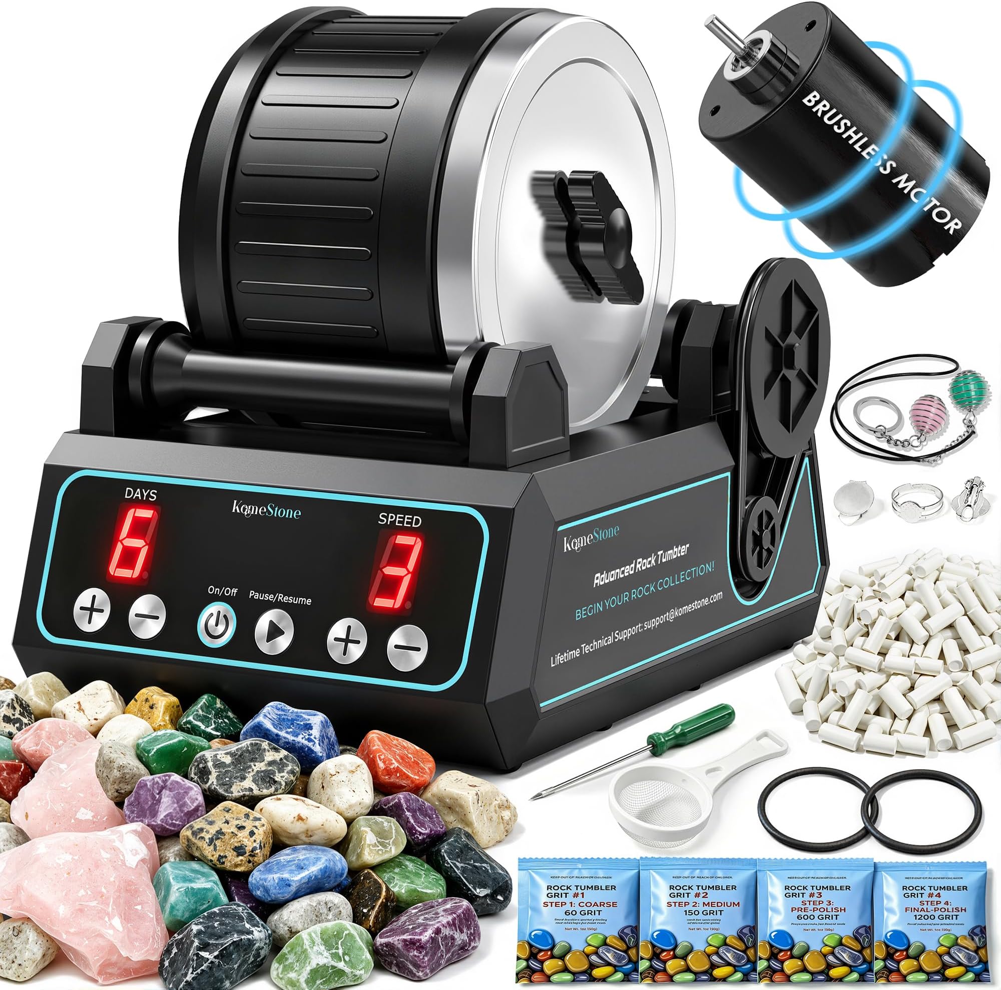 Professional Brushless Rock Tumbler โ Quiet 2.5LB Rotary Rock Polisher for Hobbyists & Collectors with High-Performance Motor, Adjustable Speed, Timer, Memory Function & Full Accessories Included