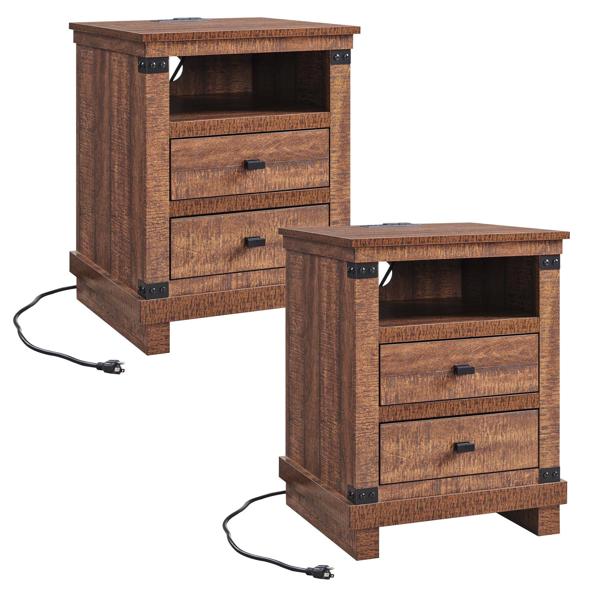 Farmhouse Nightstand Set of 2 with Charging Station, 18" Rustic Night Stand with 2 Storage Drawers, Wood End Table for Bedroom, Living Room, Reclaimed
