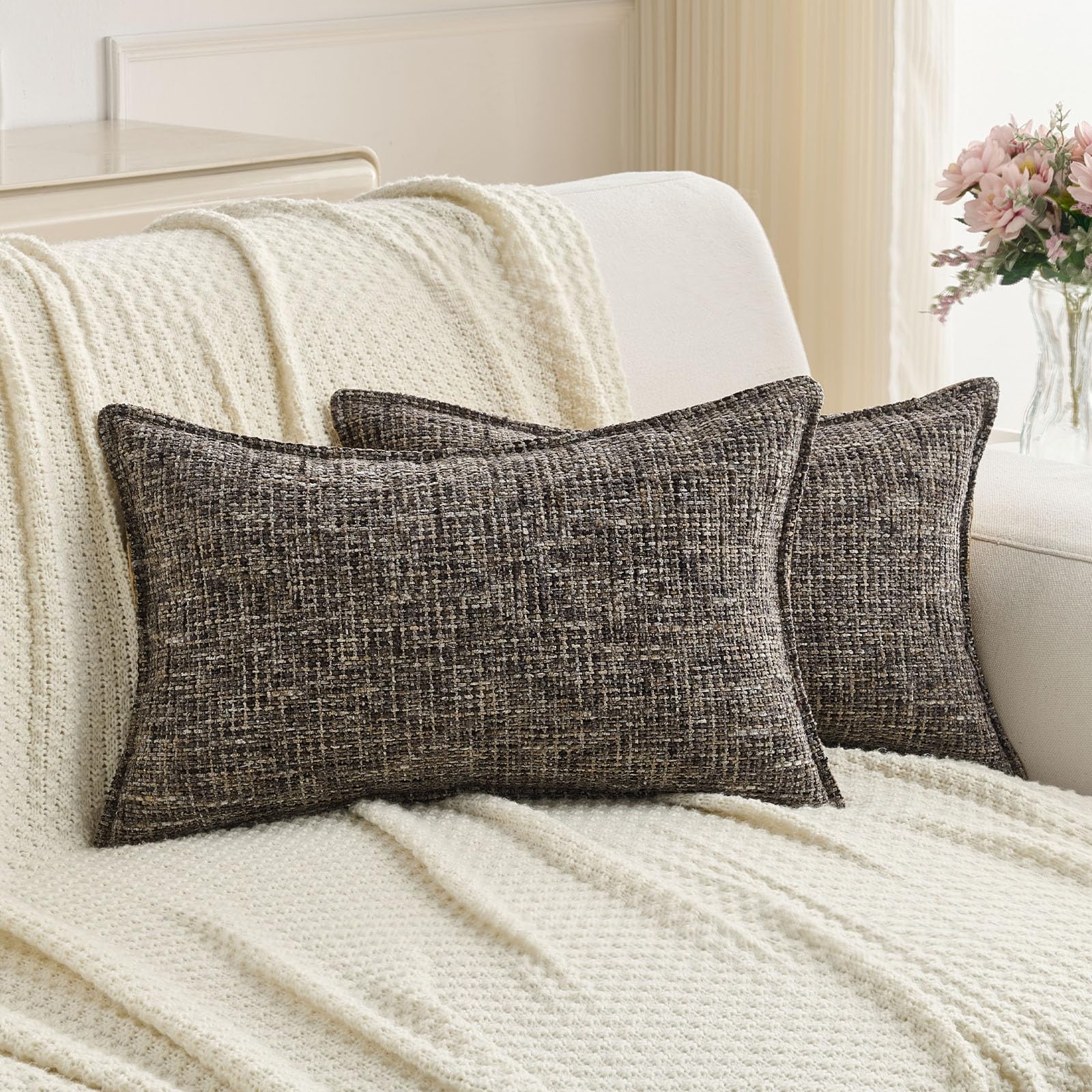 FUTEI Set of 2 Soft Tweed Chenille 30x50 cm Cushion Covers Farmhouse Micro-Check Textured Scatter Pillowcase 30 x 50 cm Vintage Accent for Sofa Bed Living Room, Coffee — image 1