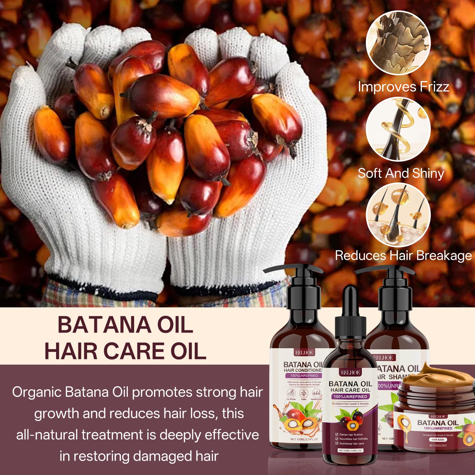 batana Traitement à l'huile pour cheveux 4 pièces, shampoing et après-shampooing, huile pour croissance des cheveux, crème capillaire