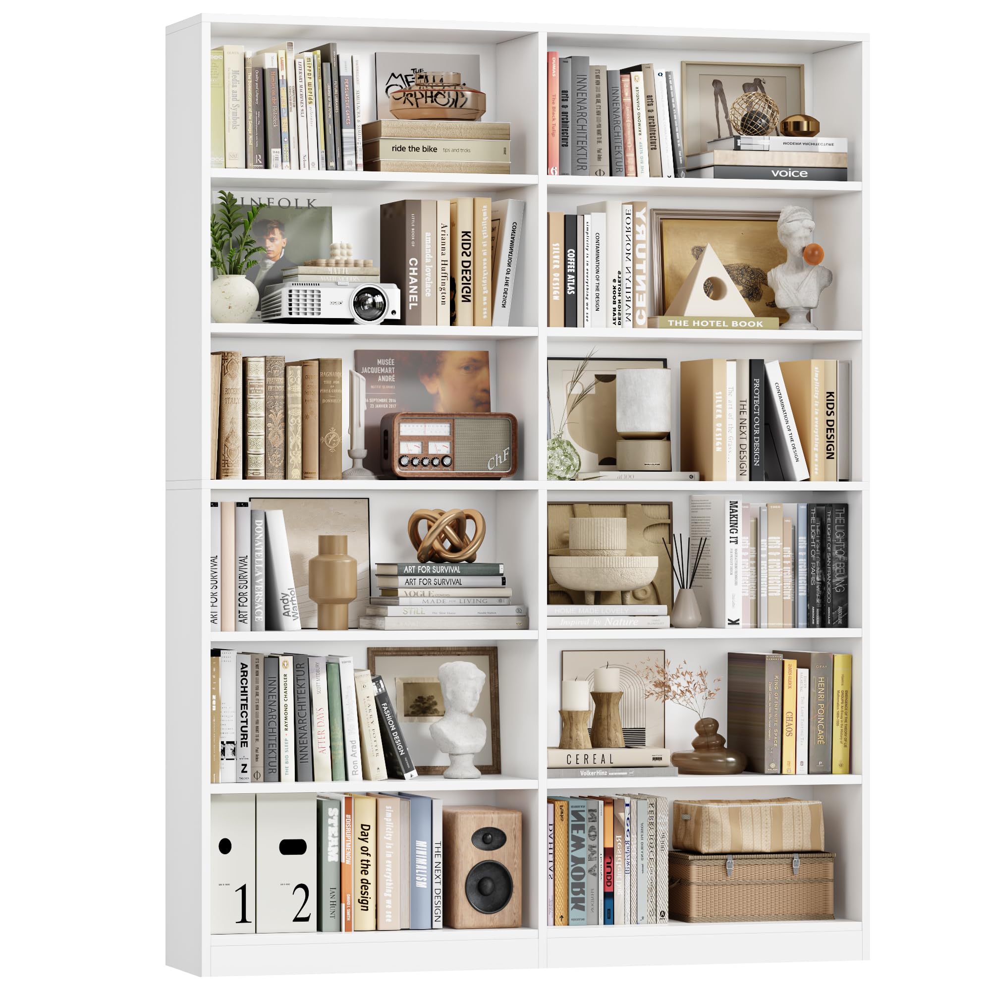 FACBOTALL Bookshelf and Bookcase, 6-Tier Double Wide Bookshelves,Freestanding Display Storage Shelves, Tall Bookcases for Home Decor Bedroom, Living