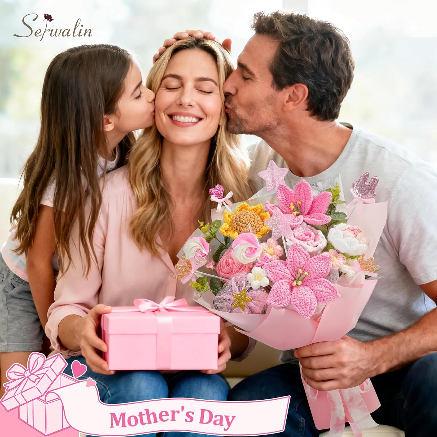 Serwalin Crochet Flower Bouquet, Pink Handmade Knitted Flowers, Lily Sunflower Roses Crochet Flowers for Lover Teacher Anniversary Birthday Mother's Day Graduation Gifts for Girlfriend (Include Card) - Image 4