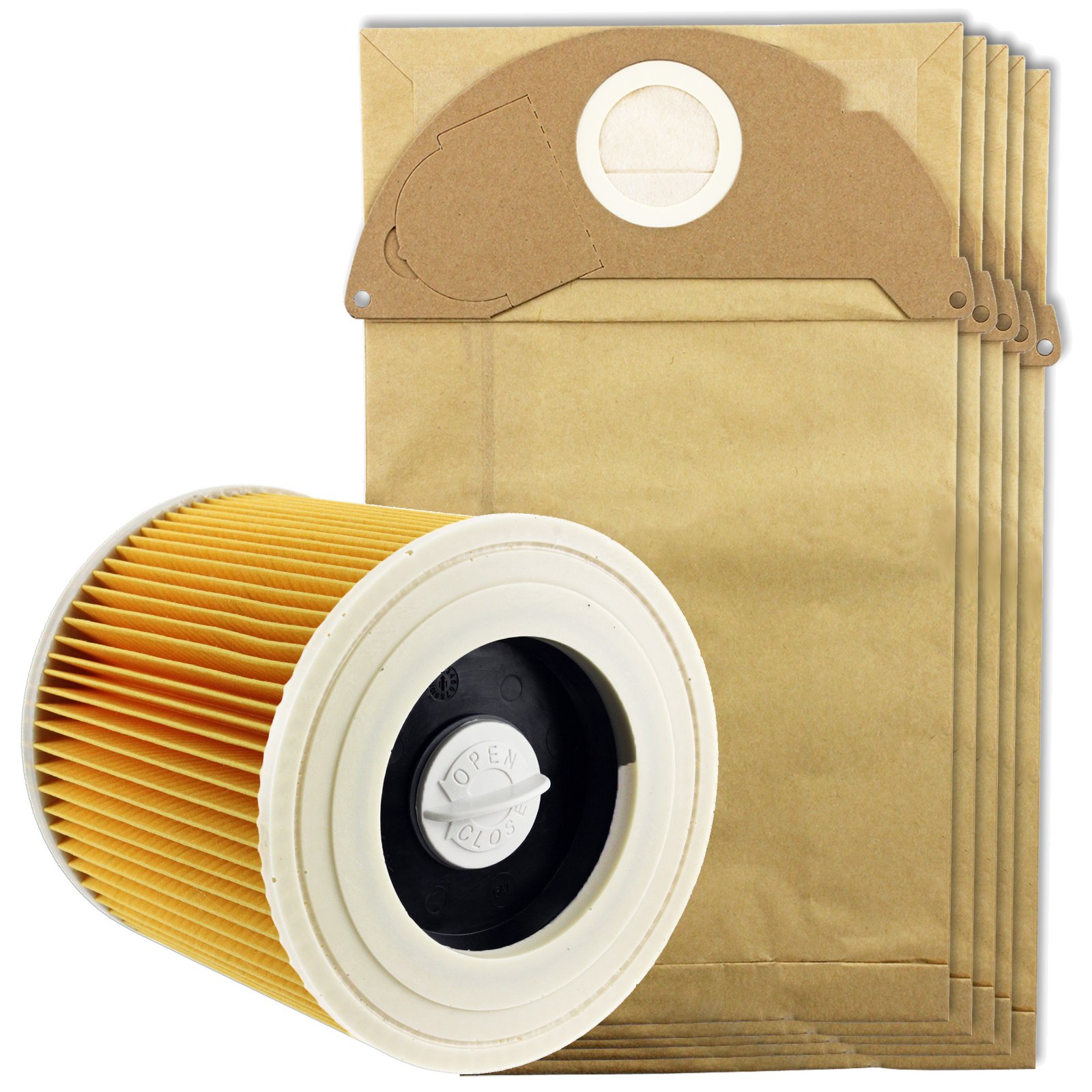 Spares2go Wet & Dry Cartridge Filter + Dust Bags for Karcher A2000 A2004 A2014 Vacuum Cleaners (Filter + 5 Bags)