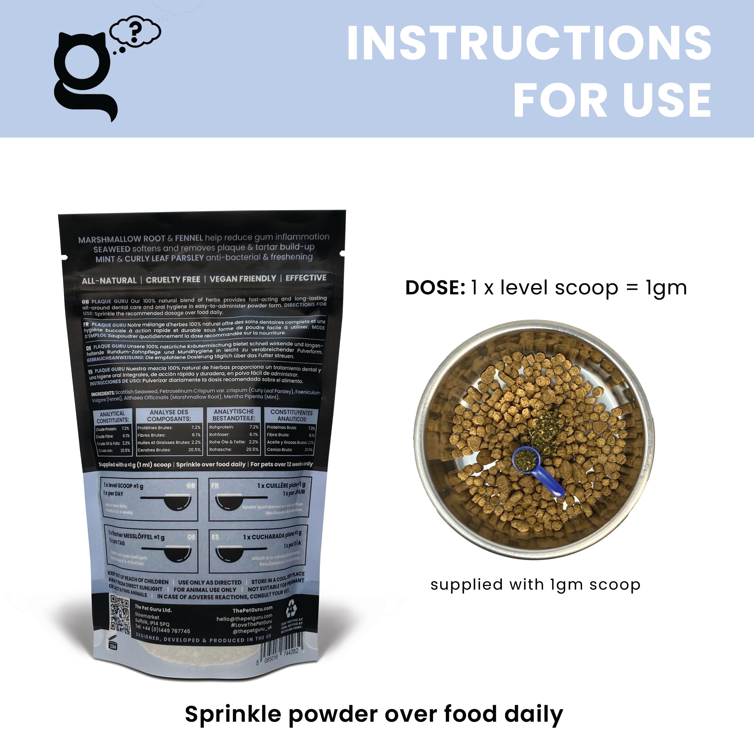THE PET GURU, Plaque Guru Oral Hygiene Supplement for Cats 100gm, Dental Care Powder, Reduce Plaque, Fresh Breath - Image 3