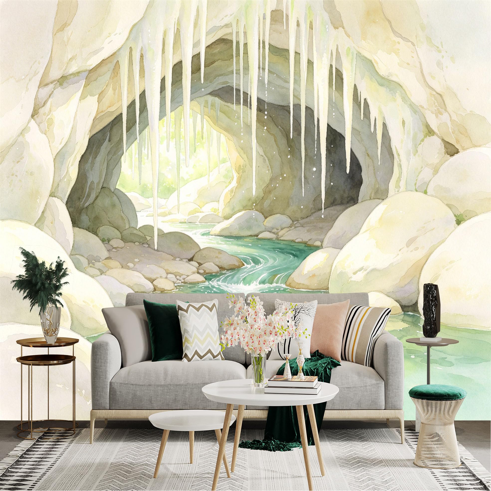 Lnzczhyre Dbh260521709 Custom Size Wall Sticker Mural， Watercolor Icicle Cave， Serene Underground River， Natural Grotto Landscape， For Wall Decoration， Peelandstick Wall Decals.