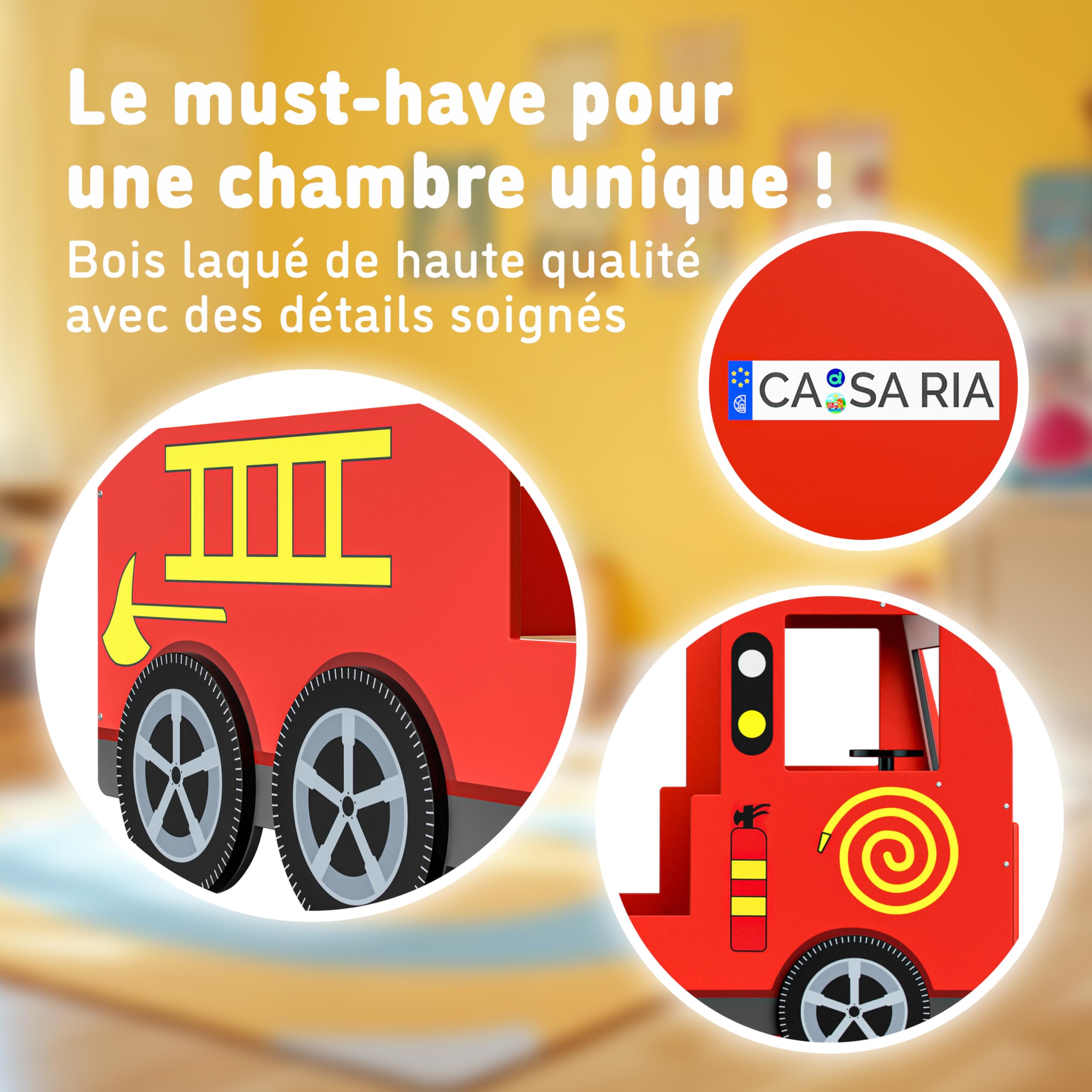 Casaria® Lit Enfant Camion de Pompier 90x200 cm Rouge - Lit Voiture avec Sommier à Lattes Inclus, Barrières Anti-Chute, Gyrophare Lumineux & Volant - Lit Garçon Bois MDF