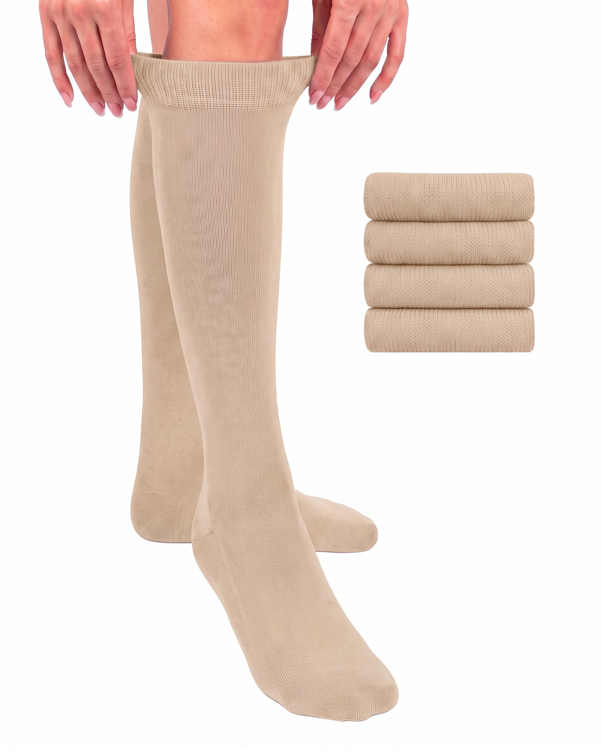 Hugh Ugoli Women Cotton Knee High Socks, 4 Pairs, Long Dress School Uniform