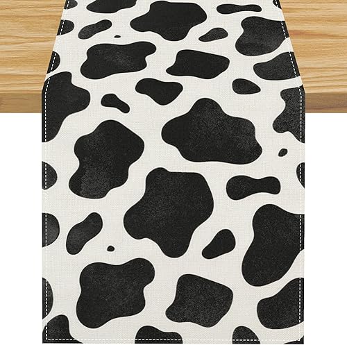 FARMNALL Camino de mesa de lino con estampado de vaca para fiestas granja vaquero fiesta de cumpleaños hogar cocina comedor decoración de mesa de 13