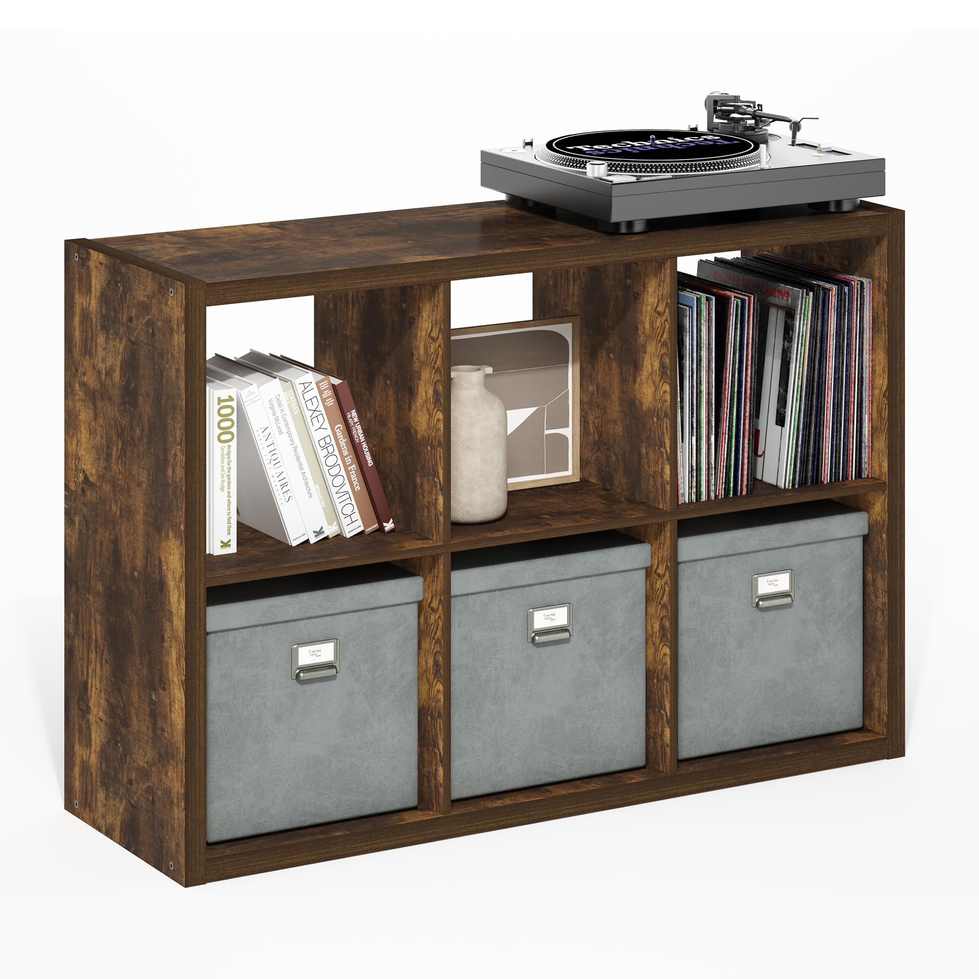 Furinno Cubicle Book Shelf, 6-Cube Bookshelf, Extra Thick Frame Horizontally & Vertically Reversible Bookcase with Open Back, 14.6" x 44" x 30", for