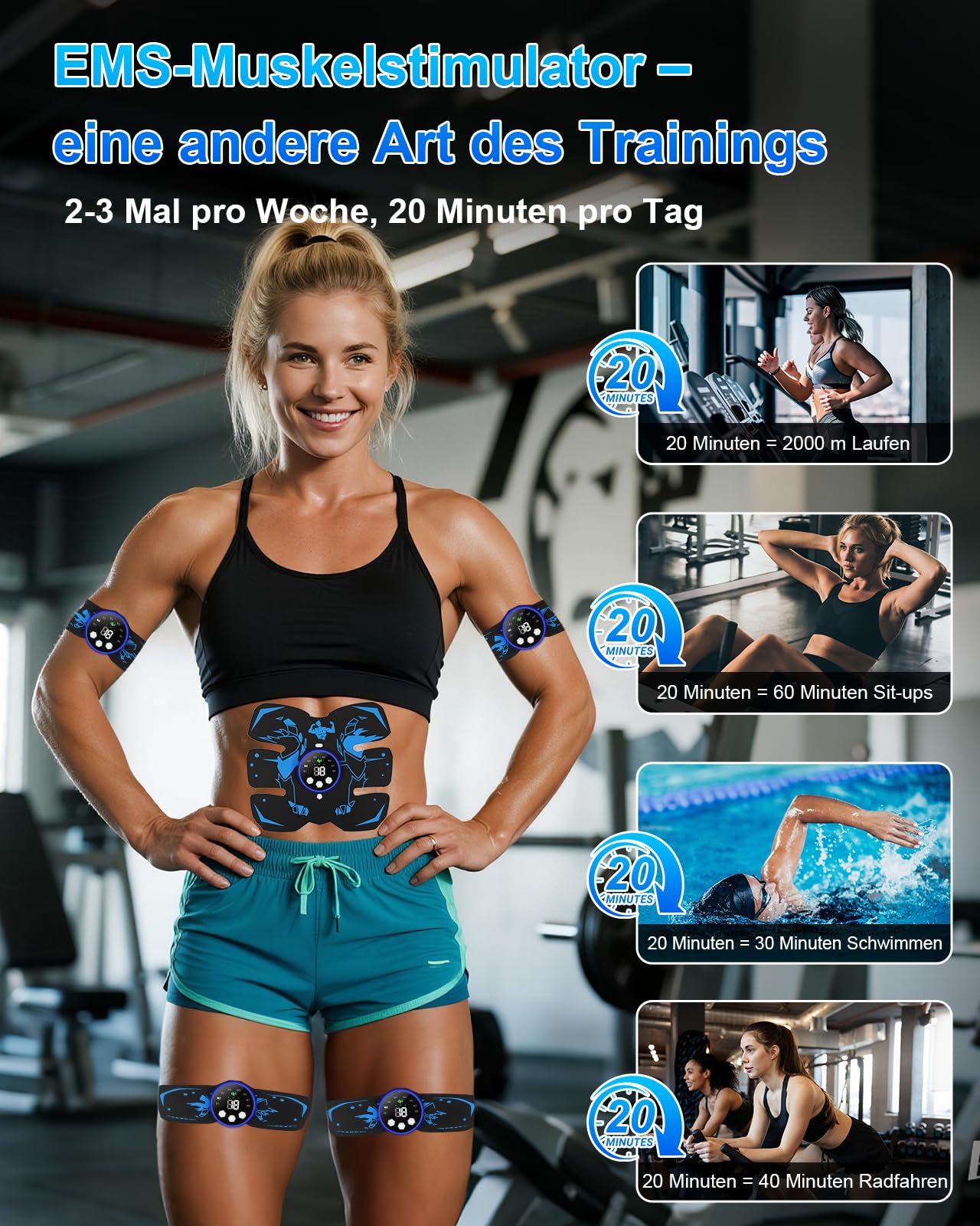 EMS Trainingsgerät, 8 Modi & 29 Intensitäten, Bauchmuskeltrainer EMS Trainingsgerat, Bauchtrainer, 12 Stück Ersatz-Hydrogels, USB Wiederaufladbar EMS Bauchtrainer Ganzkörper ABS/Bauch/Arm/Bein