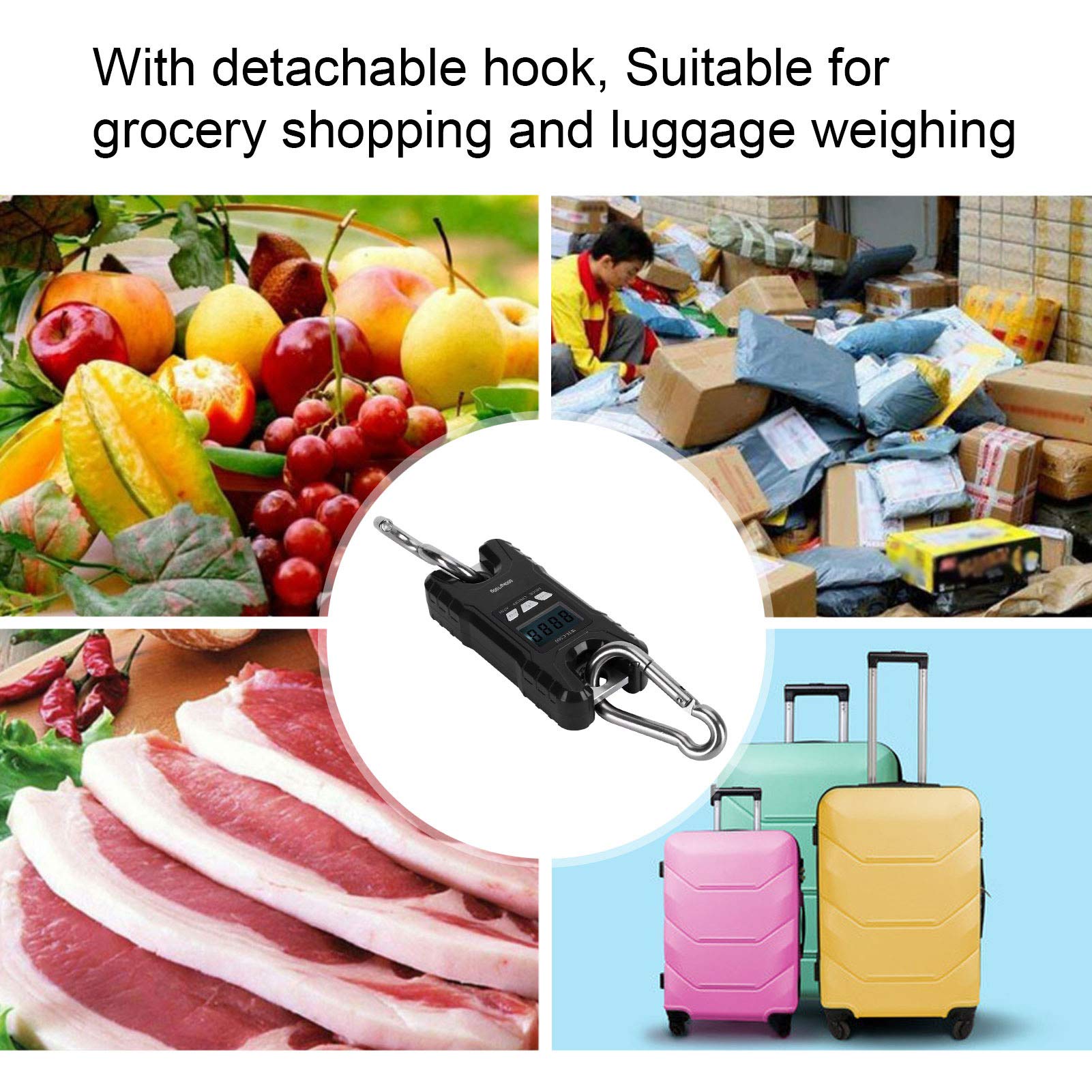 Báscula Colgante Digital, Báscula Eléctrica LED con Pantalla Grande, Gancho Desmontable, 2 Pilas AAA, Conversión de Unidades y Tara, para Equipaje de Viaje a Casa Al Aire Libre (BLACK)