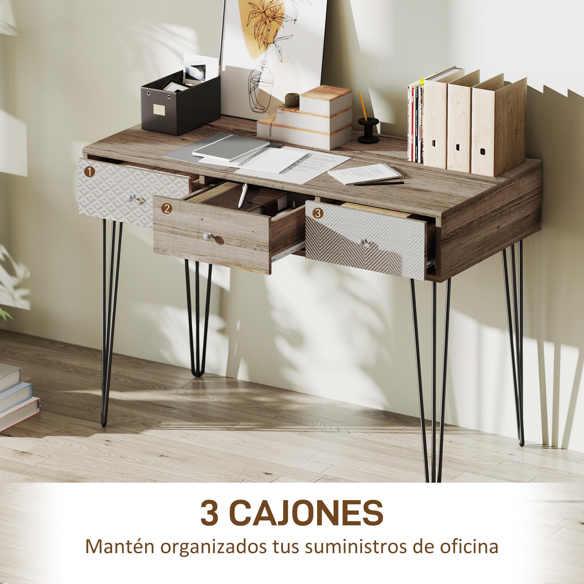 HOMCOM Escritorio Bohemio con Patas Horquilla y 3 Cajones 105x50x75 cm