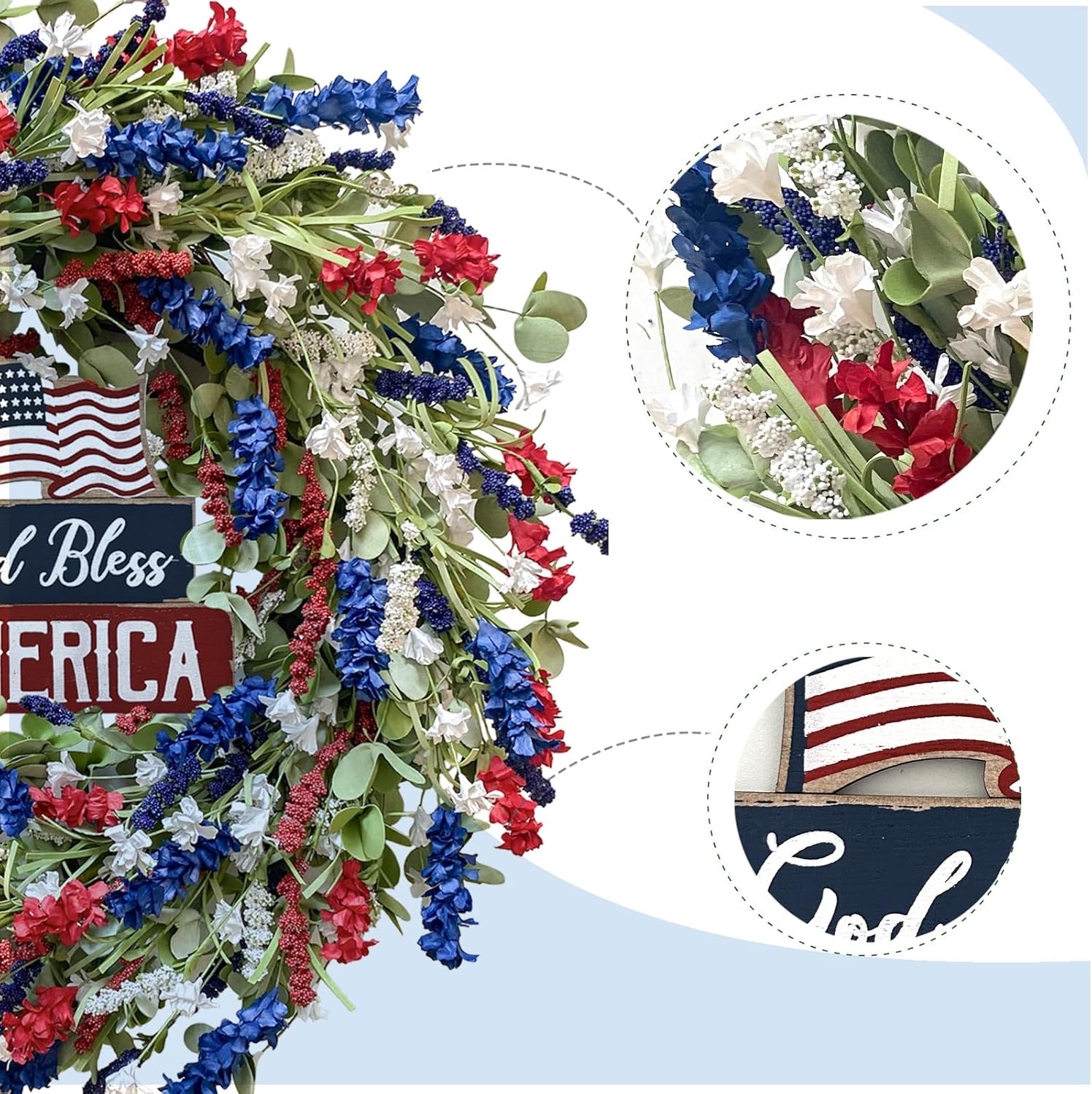 Bibelot 4th of July Independence Day Red White Blue Flower Wreaths, 20" Artificial Flower Wreath with God Bless America Sign Decoration for Front Door, Memorial Day Wreath for Wall Window Party Decor