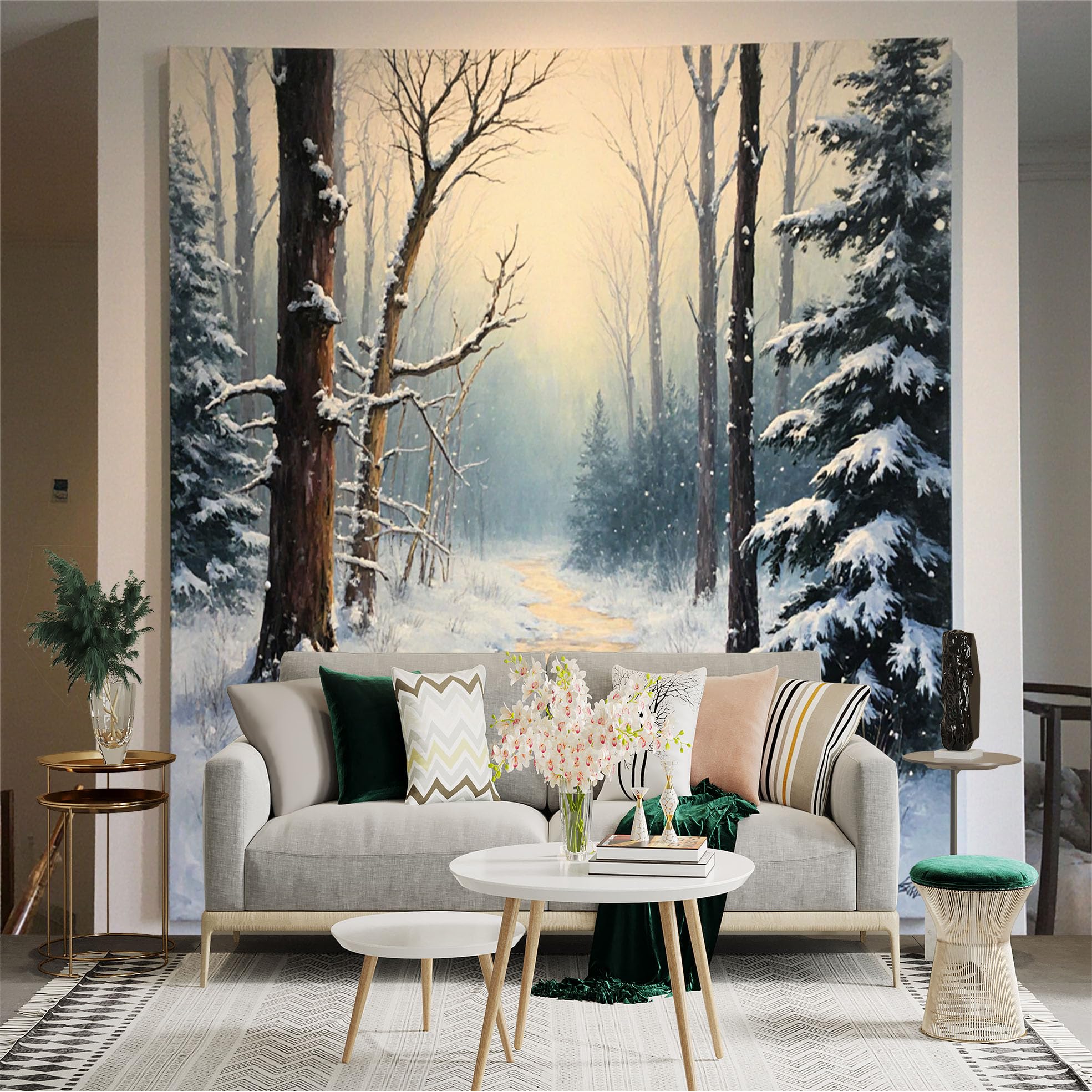 Custom Size Wall Sticker Mural， Snowy Forest Path with Winter Trees and Morning Light， for wall Decoration， peelandstick wall Decals.
