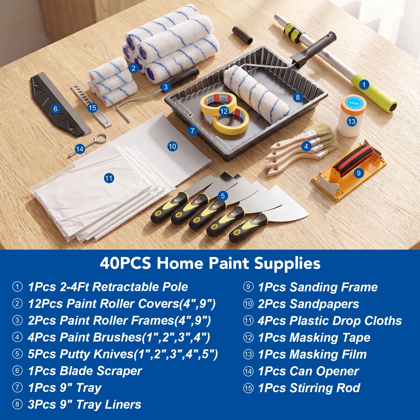 Kit di 40 rulli per pittura tutto in uno con asta telescopica da 1,2 | Forniture per pittura con vassoio rullo pennello nastro porta carta vetrata per casa parete casa pittura angoli soffitti