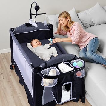 TODEFULL 4 in 1 Pack and Play, Multifunction Baby Bassinet Bedside Crib, Portable Baby Nursery Playard w/Changing Table, Storage Basket, One-Hand Folding Playpen for Newborn to Toddlers