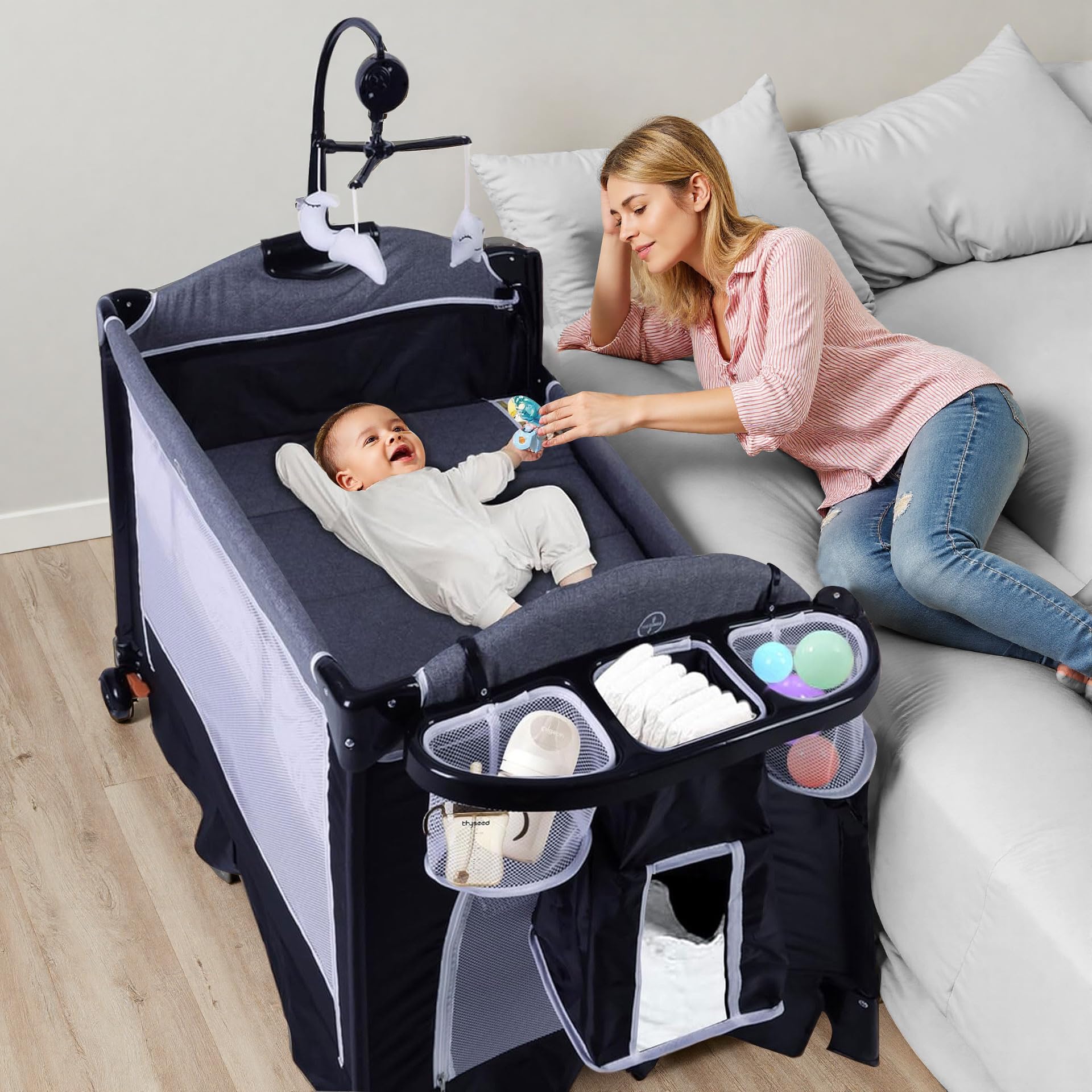 TODEFULL 4 in 1 Pack and Play, Multifunction Baby Bassinet Bedside Crib, Portable Baby Nursery Playard w/Changing Table, Storage Basket, One-Hand