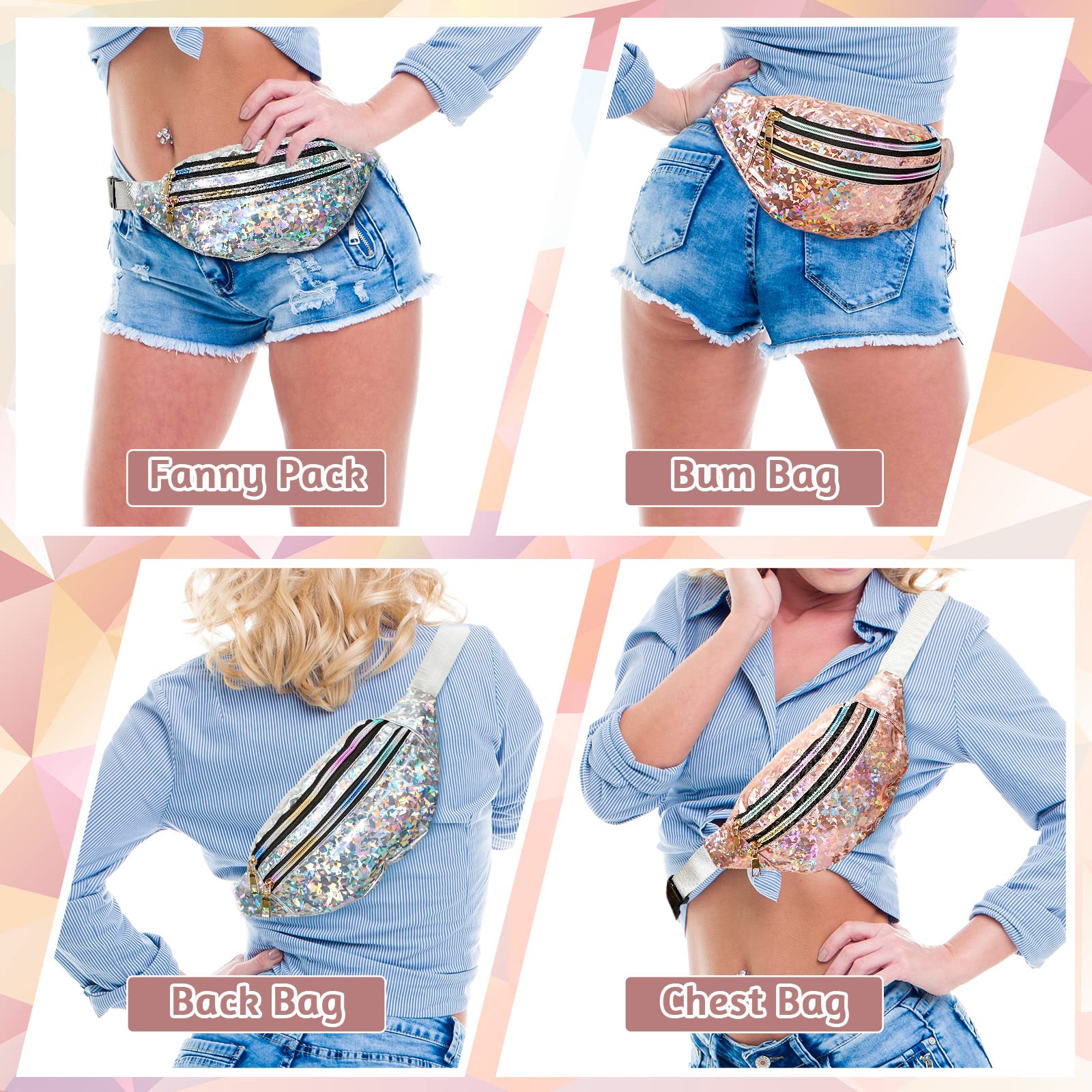 Dunzy Holografische Bauchtasche für Junggesellinnenabschiede, für Junggesellinnenabschiede, Hochzeit, Party, wasserdicht, 12 Stück, Champagner, Silber, Small