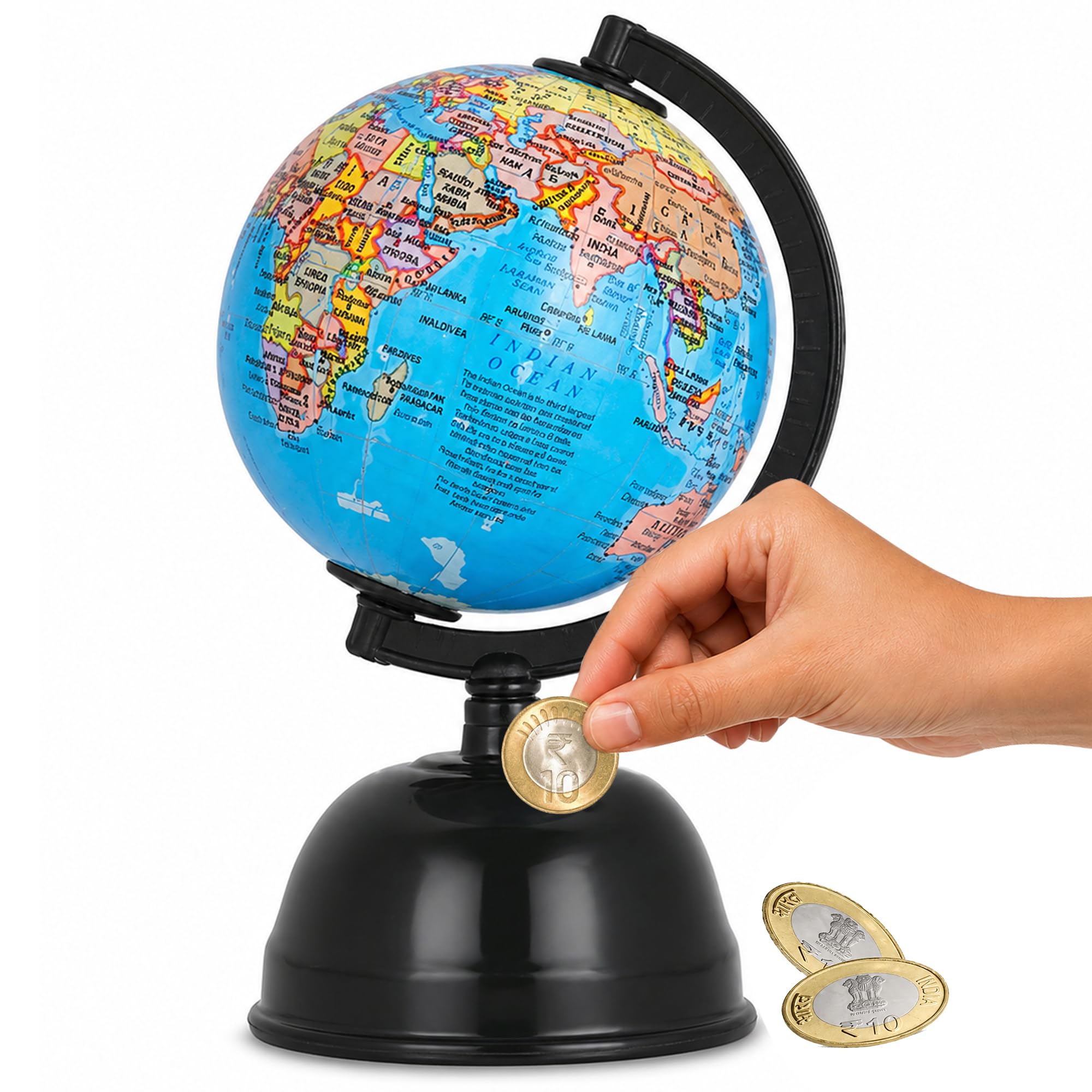 ZIVVY Premium World Map Globe With Money Bank for Kids & Home Decor, Stylish Office Table Decoration Item, Educational Toy for Kids, Study Desk Globe Coin Bank with Metal Base, Gift Item