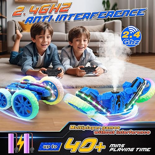 Miniatura 3 de Juguetes de autos a control remoto, 2 en 1, auto transformado 4WD con spray y luces LED, camión de acrobacias todoterreno de 2.4 GHz para giros