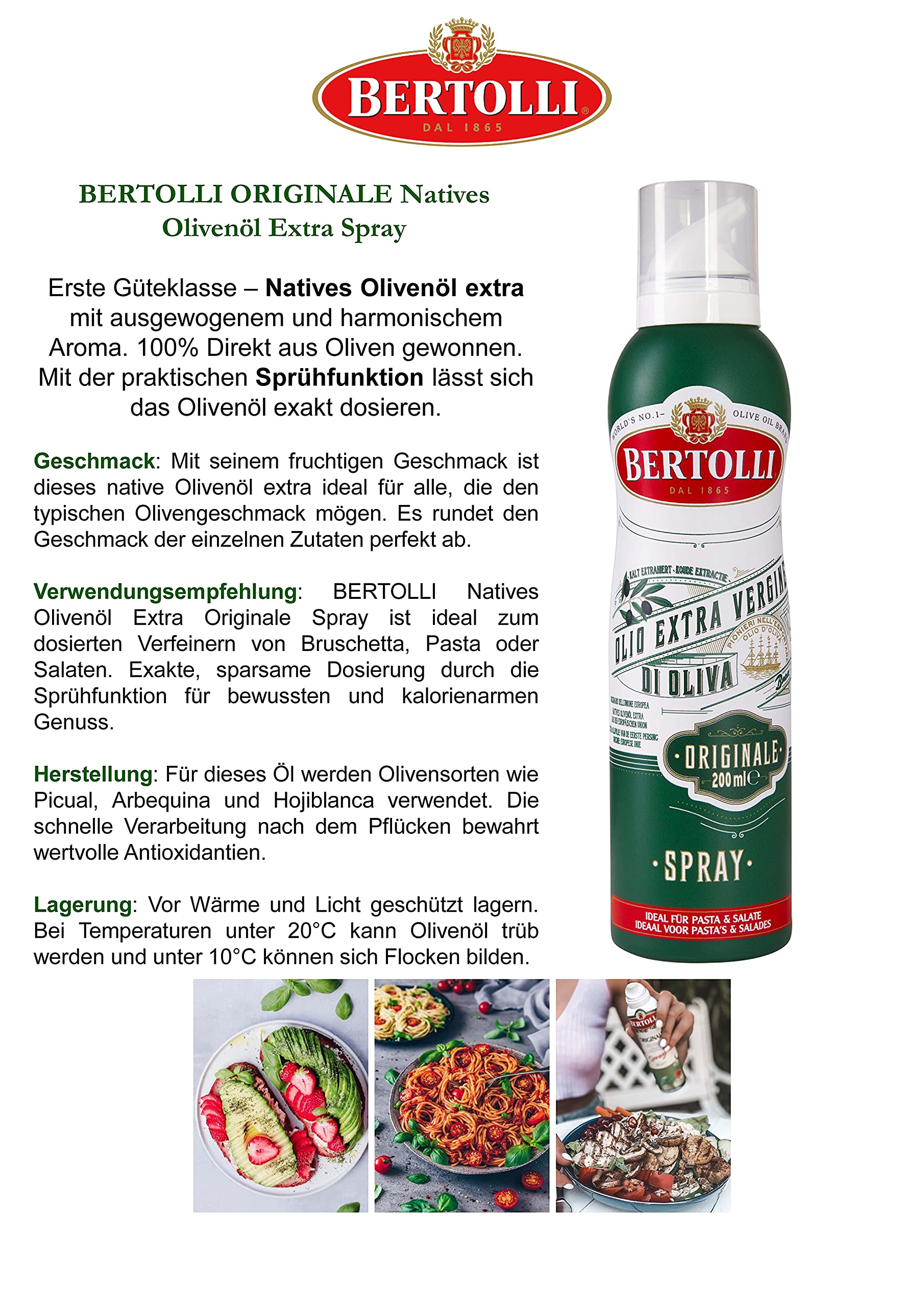 Bertolli Olivenöl Spray Set Olio Di Oliva Cucina 200ml + Olio Di Oliva Extra Vergine Originale 200ml (2 x 200ml)