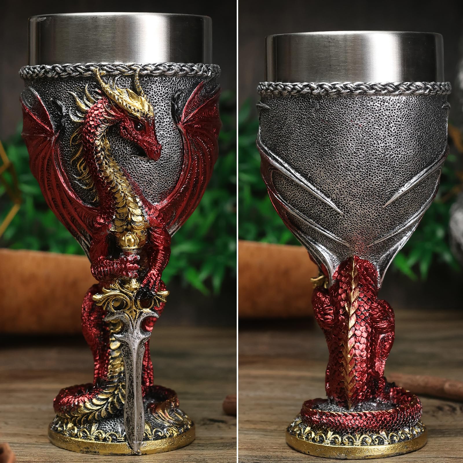Mittelalter Drache Kelch, Gotischer Drachen Kelch, Goblet Resin Wine Cup with Stainless Steel Lining,Fantasy Dungeons and Dragons Chalice,200 ml (Blauer Schwert-Drache)