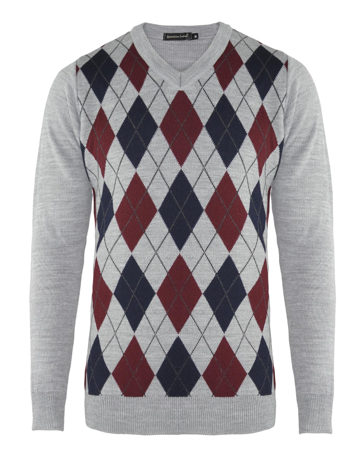 Top Vendor Men's Silver-Wine New Knitted Long Sleeve V-Neck Argyle Pattern Jumper Top Sweater With Ribbed Edge S-Xxl[,L ]