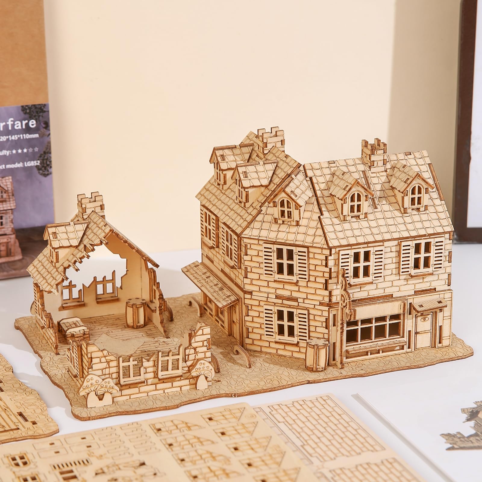 3D-Holzpuzzle für Erwachsene, Modellbausatz antiker Architektur, War Zone 1942: Bastelset für Straßenkampf-Gebäude, Holzmodellbausatz als Geschenk für Erwachsene zum Zusammenbauen, 234 Teile