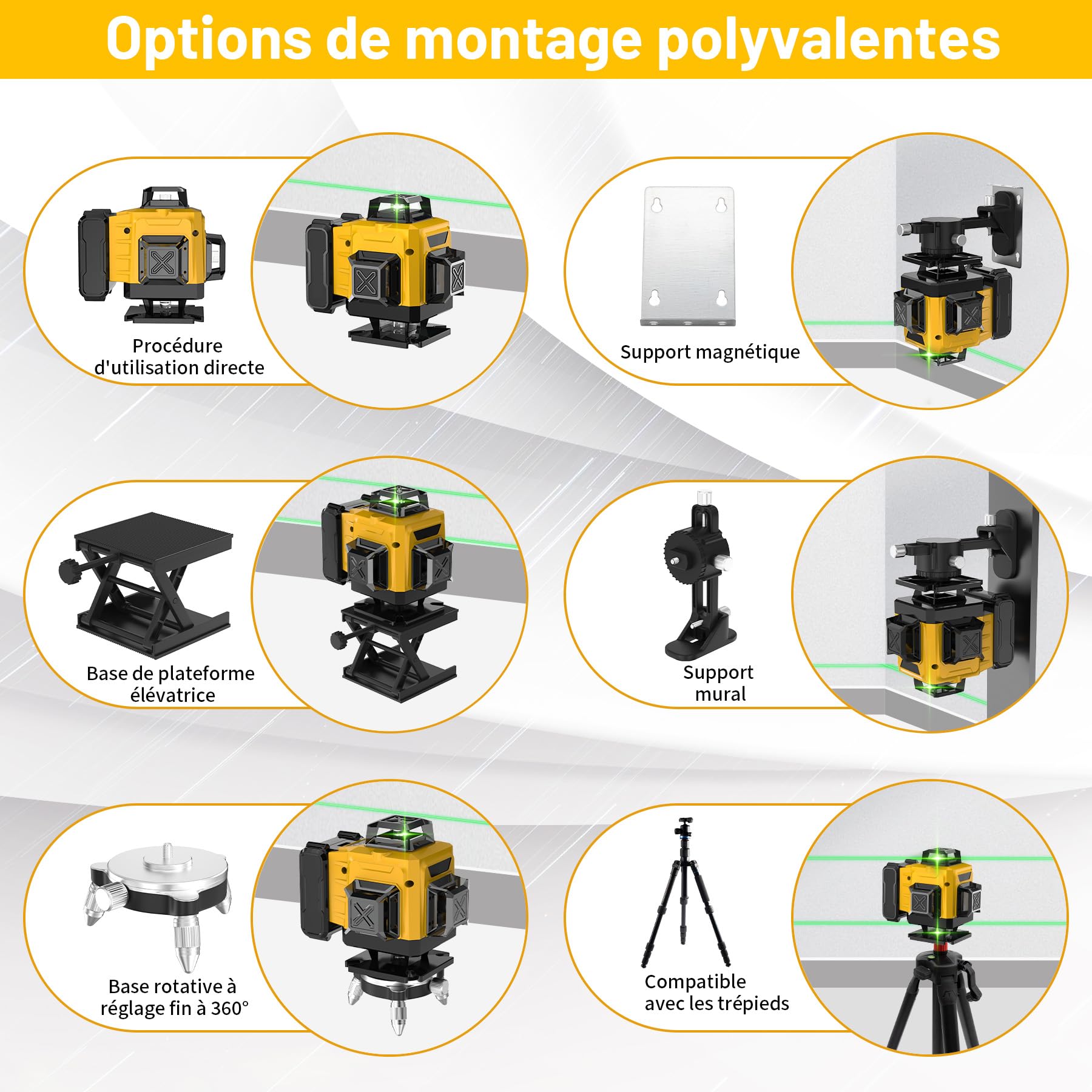 Niveau Laser Chantier Autonivelant 4 x 360°, 4D 16 Lignes Lazer Niveaux avec 4800mAh Batterie, Mode Impulsion ExtéRieur, Télécommande, IP54 Étanche et Anti-Poussière