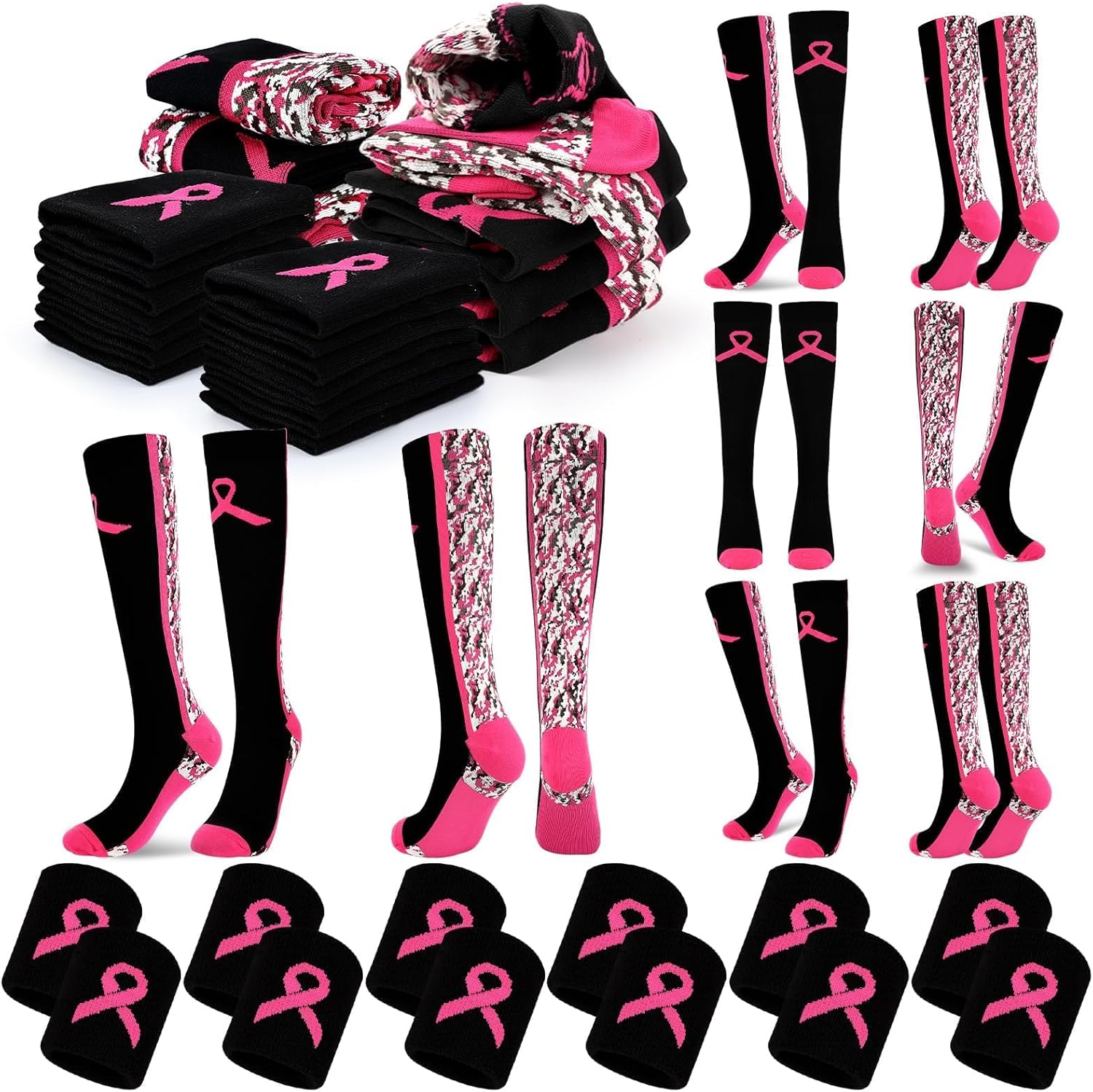 24 Pairs Breast Cancer Awareness Socks Bluk Pink Football Socks With Wrist Sweatbands Athletic Accessories for Volunteer One Size Black 24