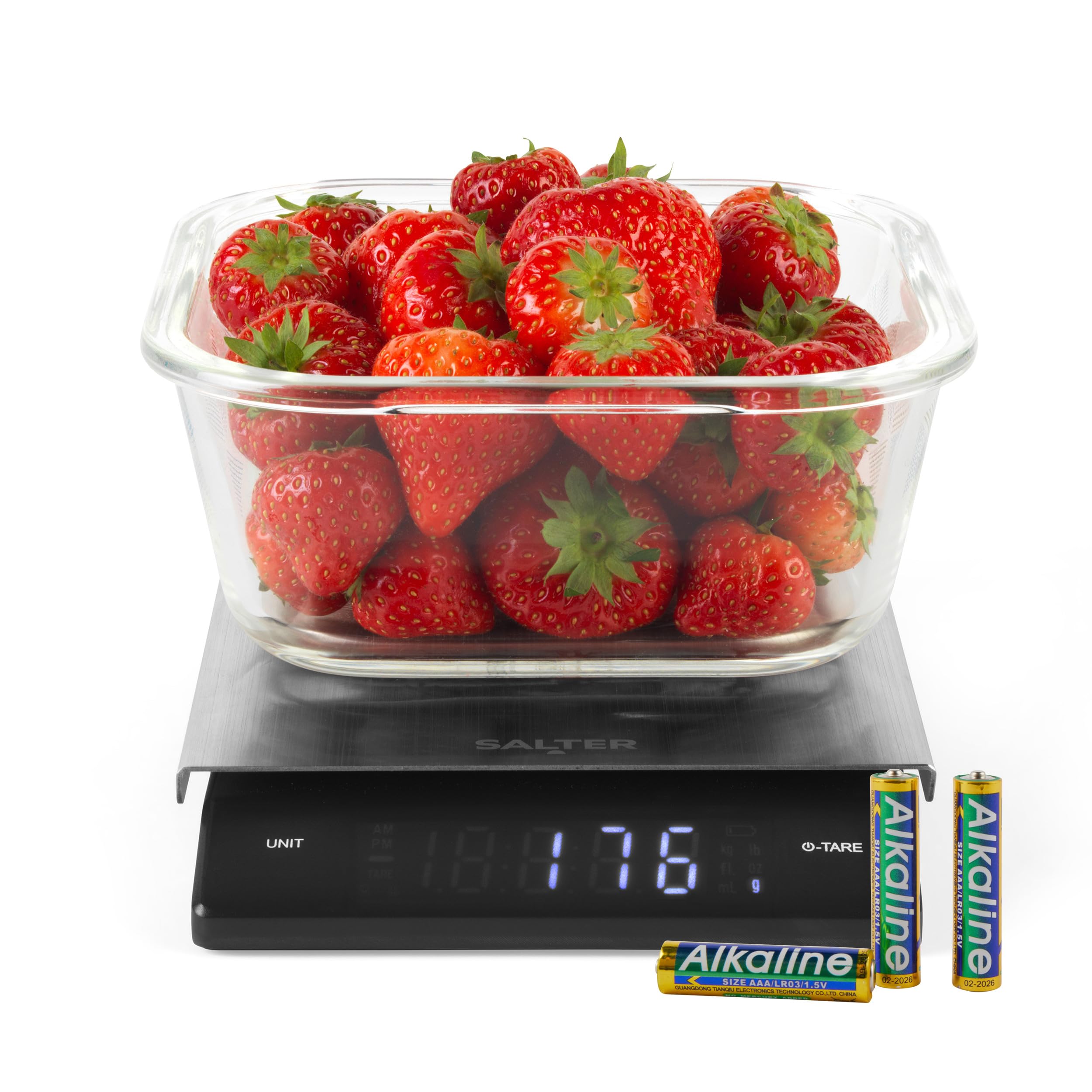 Salter Angled Display Kitchen Scale – Food Weighing Scale, 5kg Capacity, Aquatronic, Measures Liquids, Add & Weigh Function, Easy-Read, LED Display, Stainless Steel Platform, Compact & Precise, Black