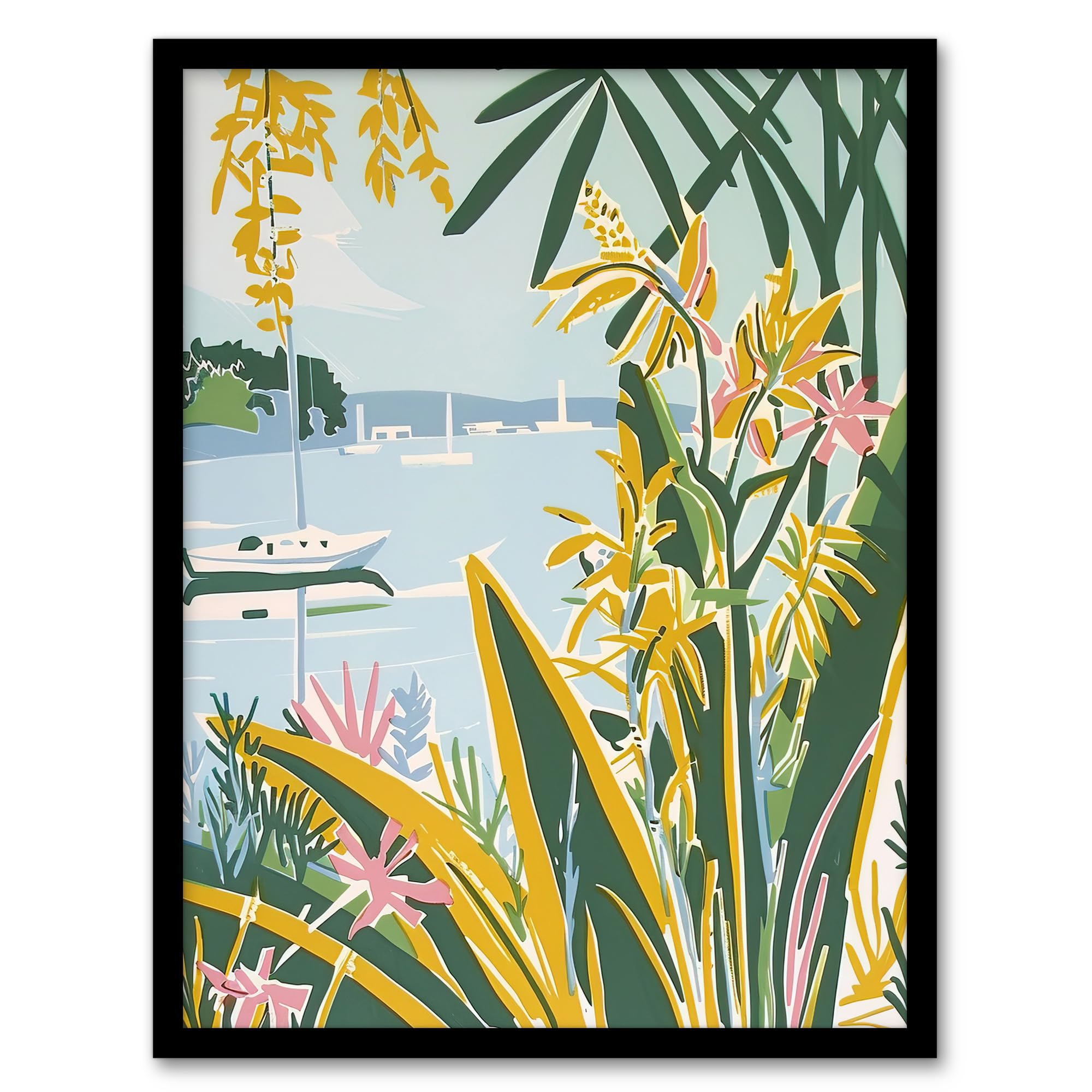 Artery8 Summer Marina Coastal Wildflowers Pastel Colour Living Room Artwork Framed Wall Art Print A4