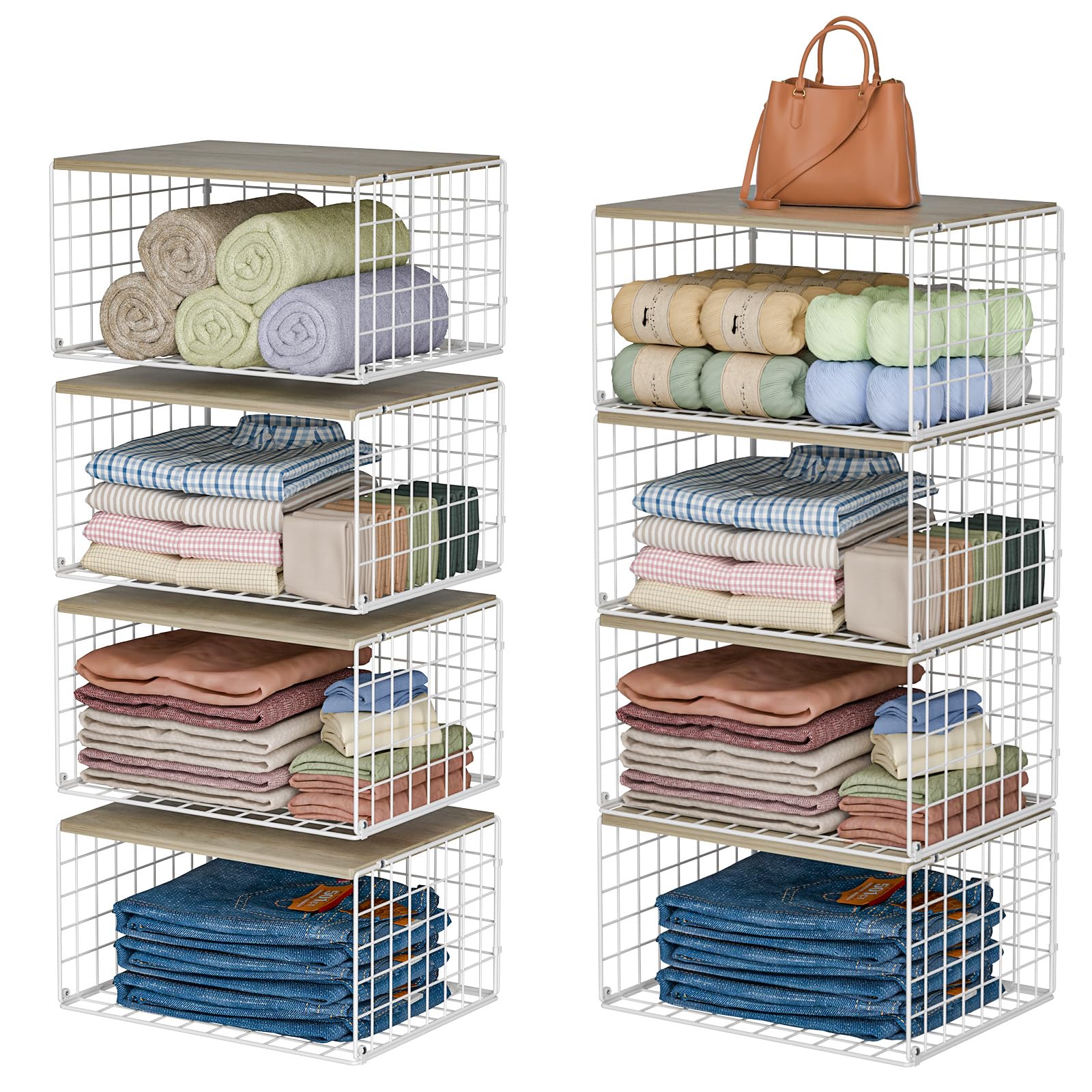 Hencawima 4 Pack Stackable Closet Storage Shelf Organizer Metal White