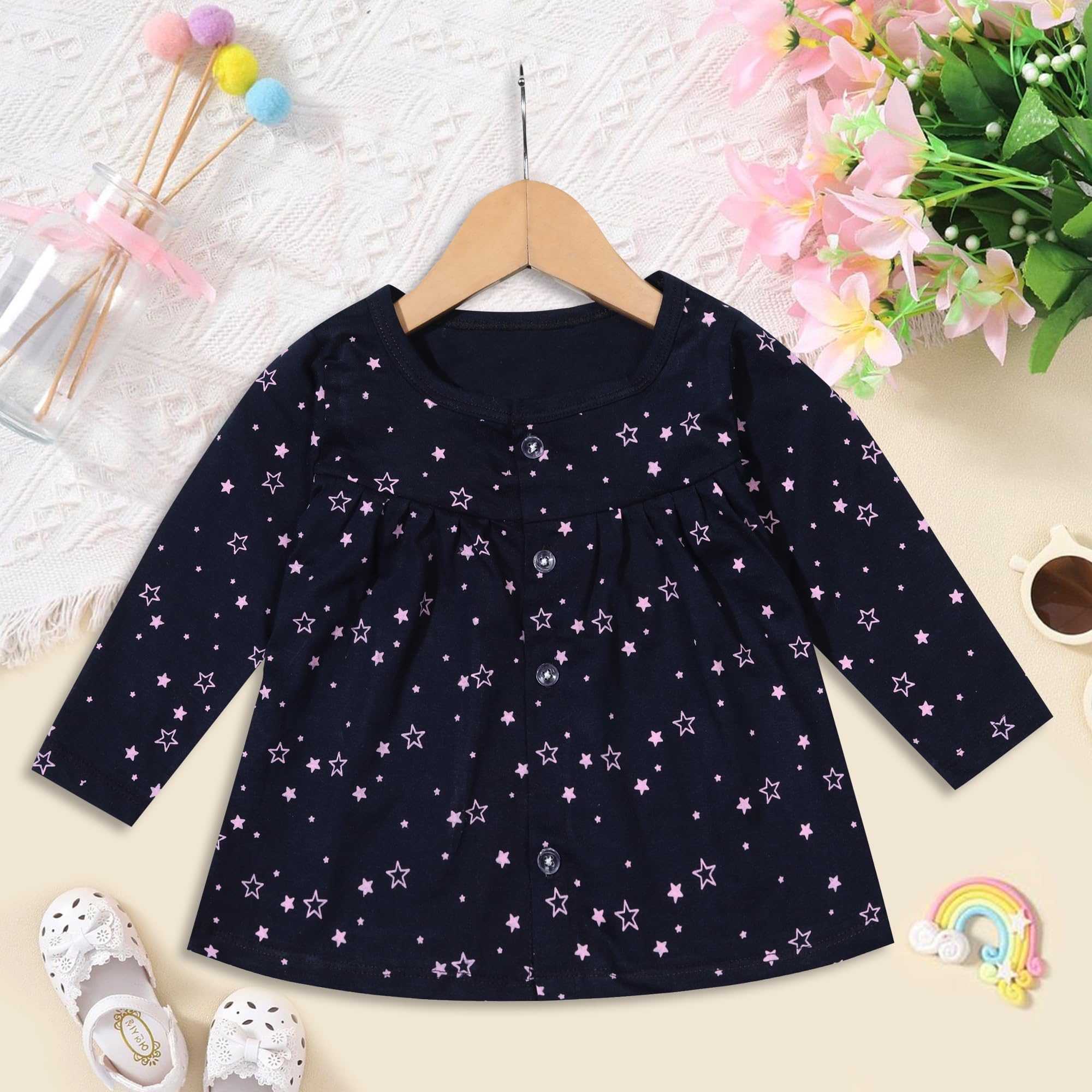 KIDEEZGUILD... Baby girls Knee-Length Fit And Flare Frock (SFFP3001_BLUESTARSTRAWBERRYYSTAR_3 Months-6 Months) 2