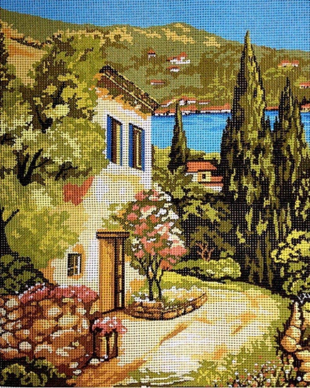 Point de Croix Kit de Broderie Villa de Plage 23x30cm DIY en Fil de Coton multi-couche
