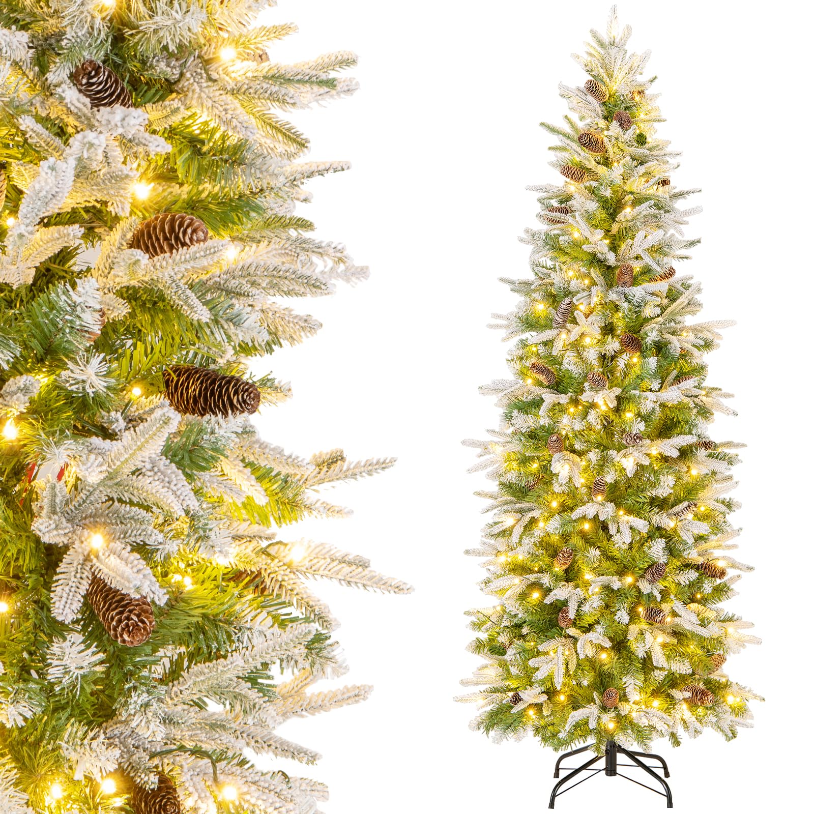 RELAX4LIFE Sapin de Noël Artificiel Lumineux 190 CM, Sapin de Noël Enneigé avec Pommes de Pin, 280 Lumières LED Blanc Chaud, 671 Branches, Pied en Métal, Décoration Noel, Montage Express